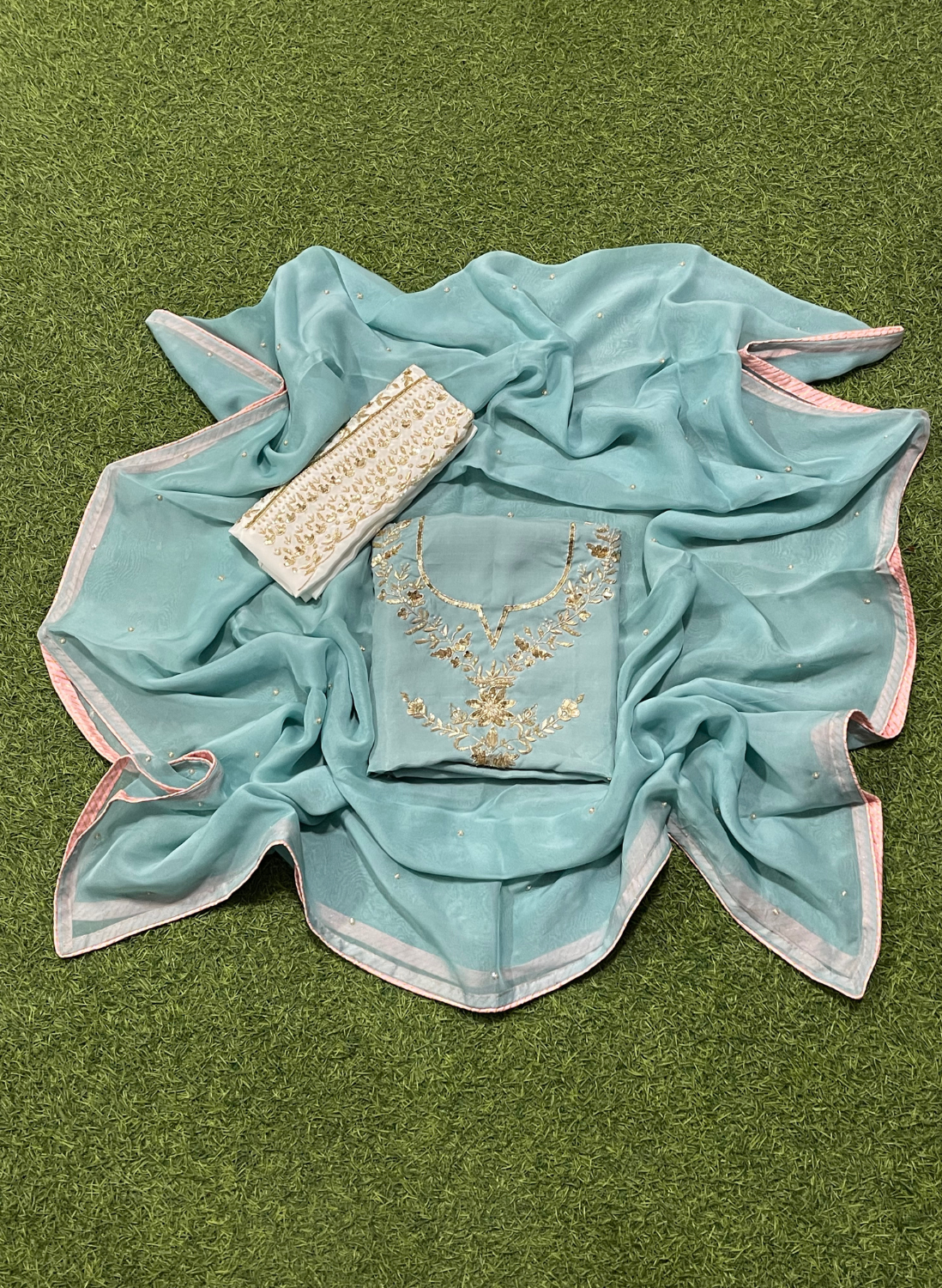 FS767 | Sky- Blue | Raw Silk Suit | Party Wear | Wedding | Jaggo | Festival |