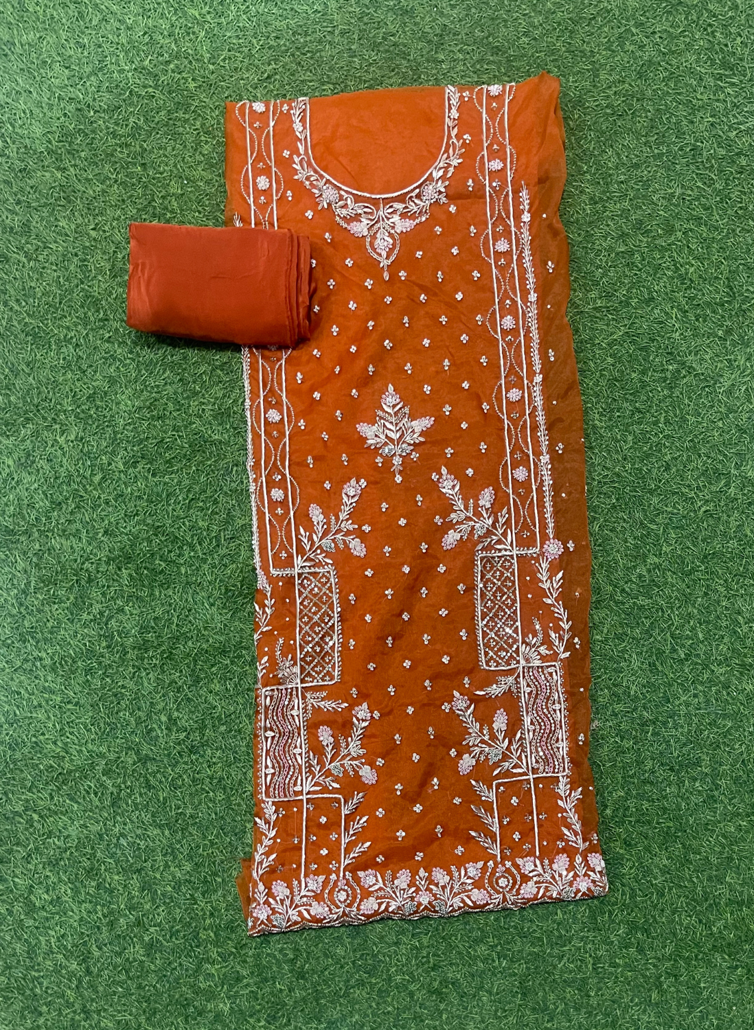 FS801 | Rust | Organza Suit| Party Wear | Wedding | Jaggo | Ring Ceremony | Festival |