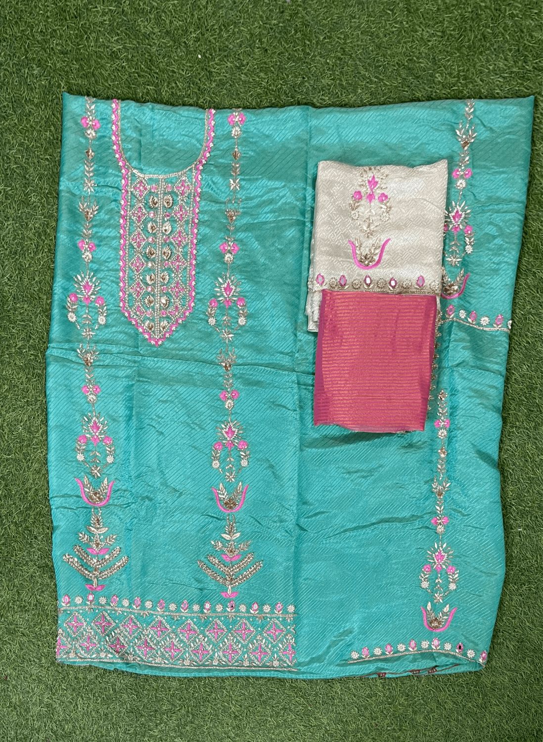 Fs159 | Sky-blue | Self Print Shimmer Suit | Wedding | Party Wear | Jaggo | Festival | Casual Wear| F9IAAA