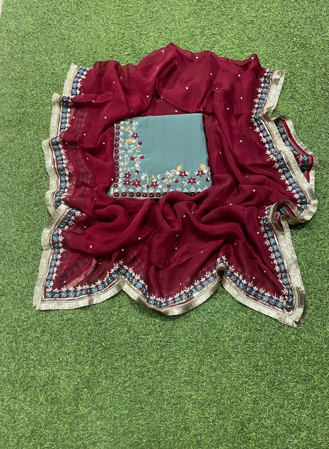 FS766 | Dark Sea-Green | Georgette Suit | Party Wear | Wedding | Jaggo | Ring Ceremony | Festival | F9HAAA