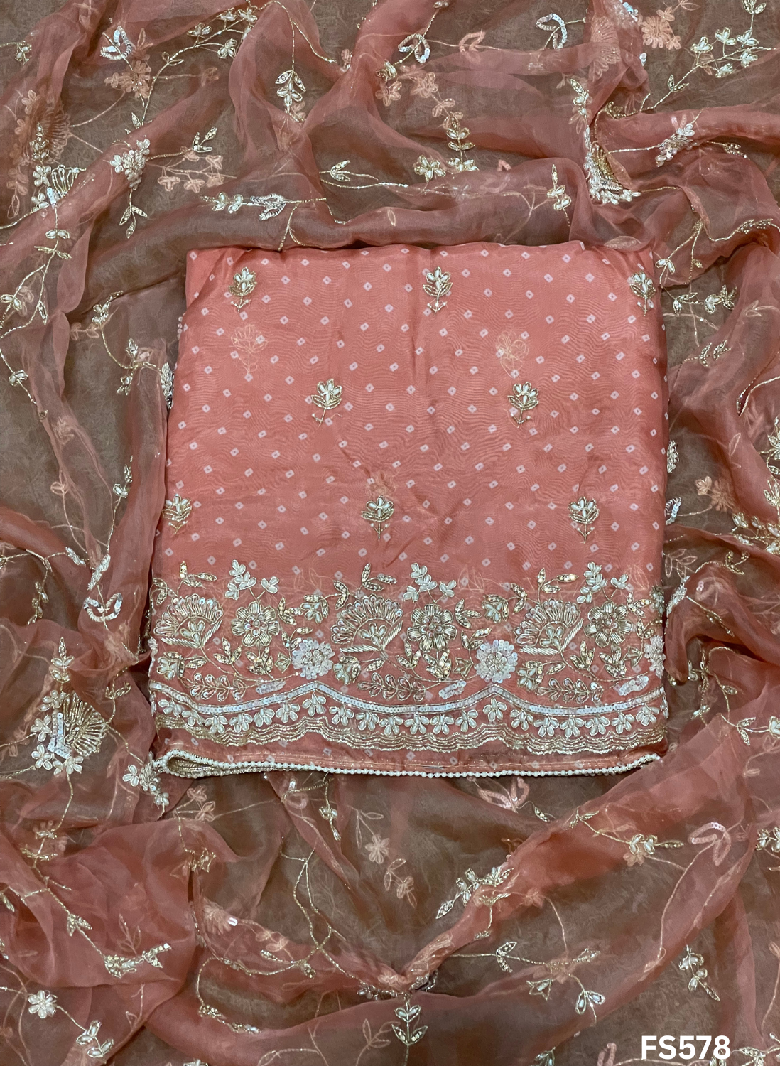 FS578 | Bandani print Organza Suit | Party Wear | Wedding | Jaggo | Ring Ceremony | Festival
