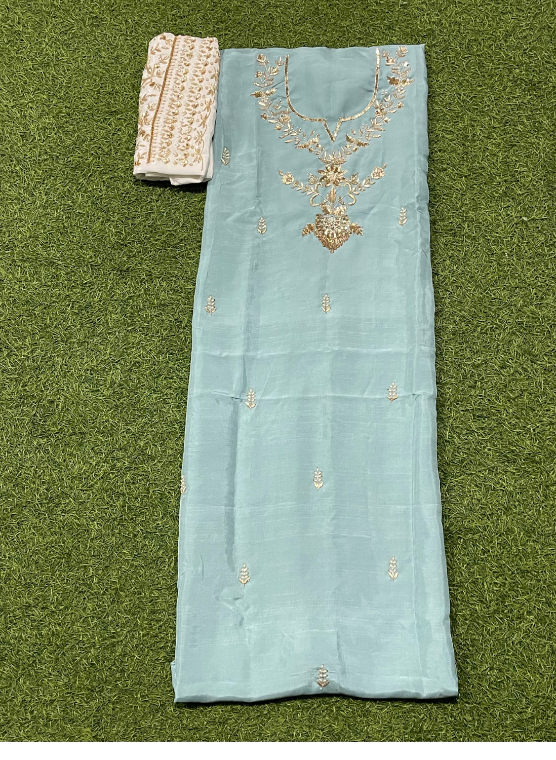 FS767 | Sky- Blue | Raw Silk Suit | Party Wear | Wedding | Jaggo | Festival |