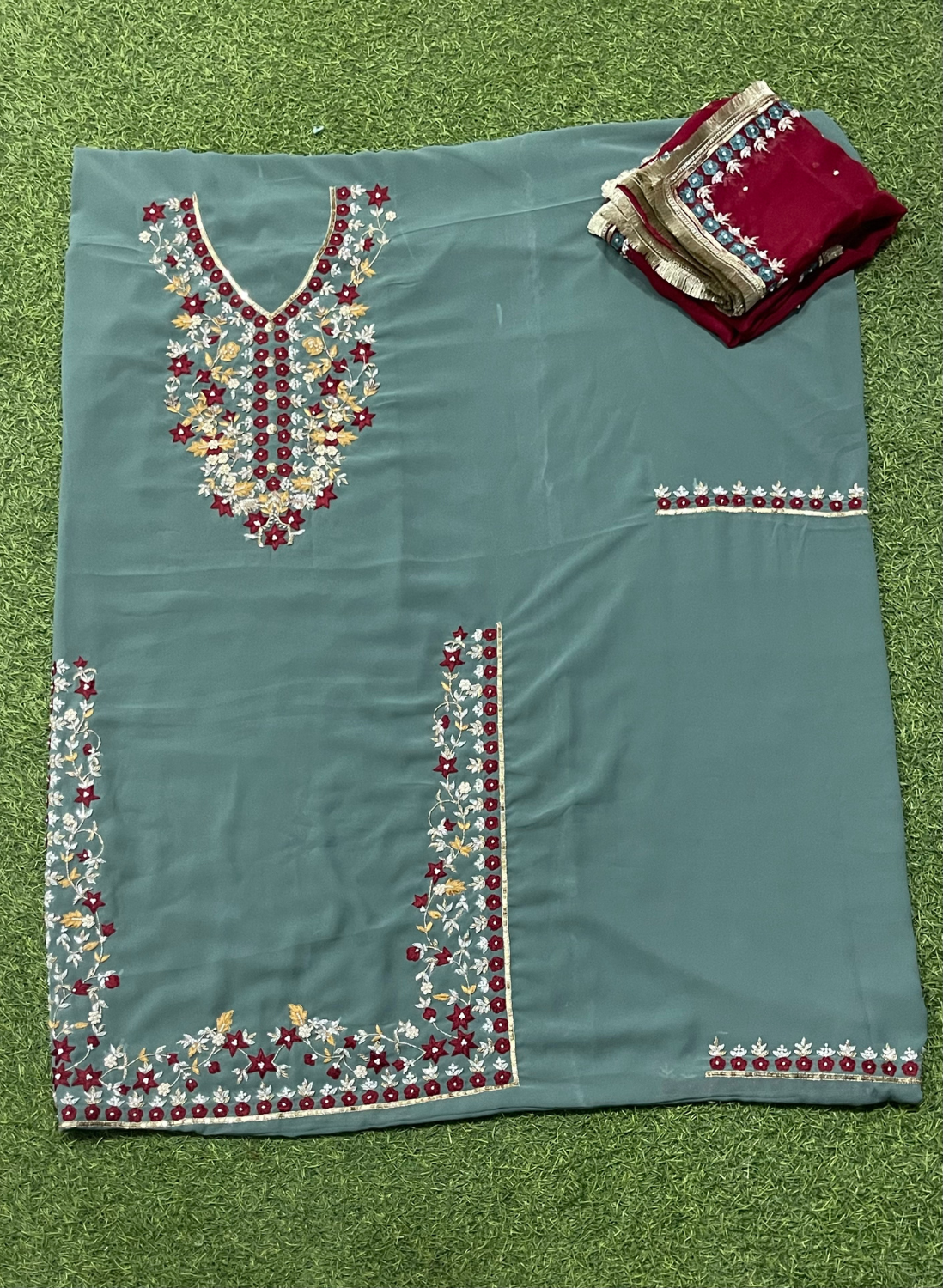 FS766 | Dark Sea-Green | Georgette Suit | Party Wear | Wedding | Jaggo | Ring Ceremony | Festival | F9HAAA