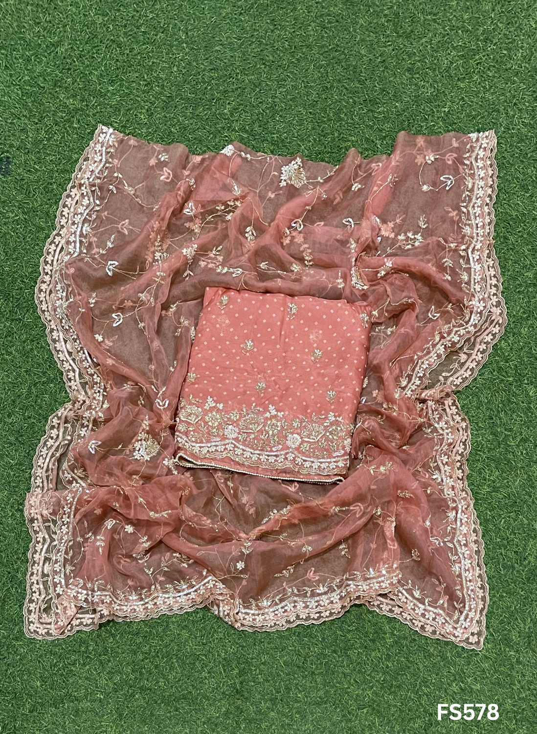 FS578 | Bandani print Organza Suit | Party Wear | Wedding | Jaggo | Ring Ceremony | Festival