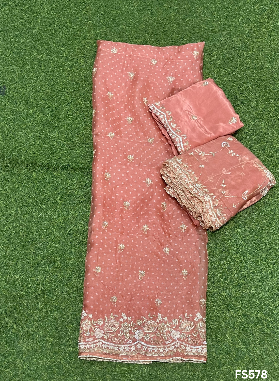 FS578 | Bandani print Organza Suit | Party Wear | Wedding | Jaggo | Ring Ceremony | Festival