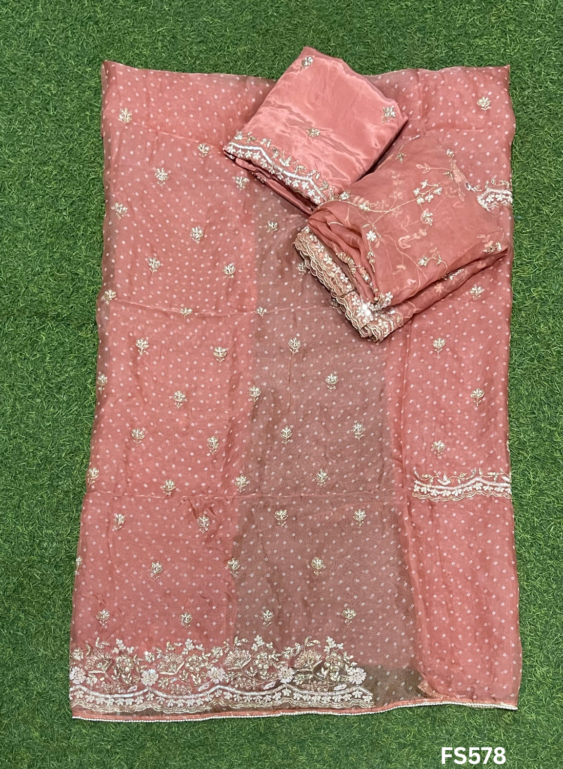 FS578 | Bandani print Organza Suit | Party Wear | Wedding | Jaggo | Ring Ceremony | Festival
