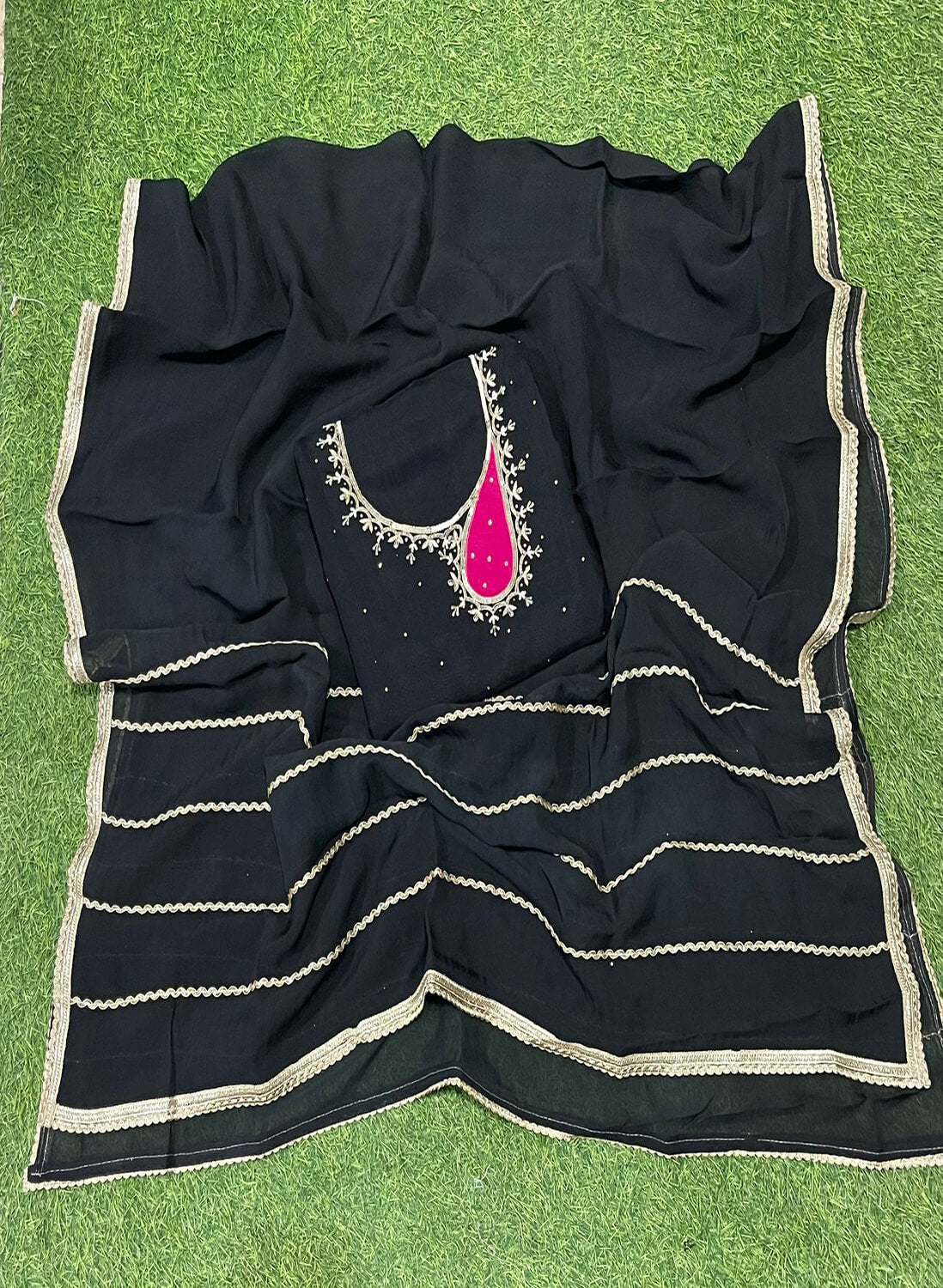 FS252 | Black Organza Suit | Party Wear | Wedding | Jaggo | Ring Ceremony |F9DAAA