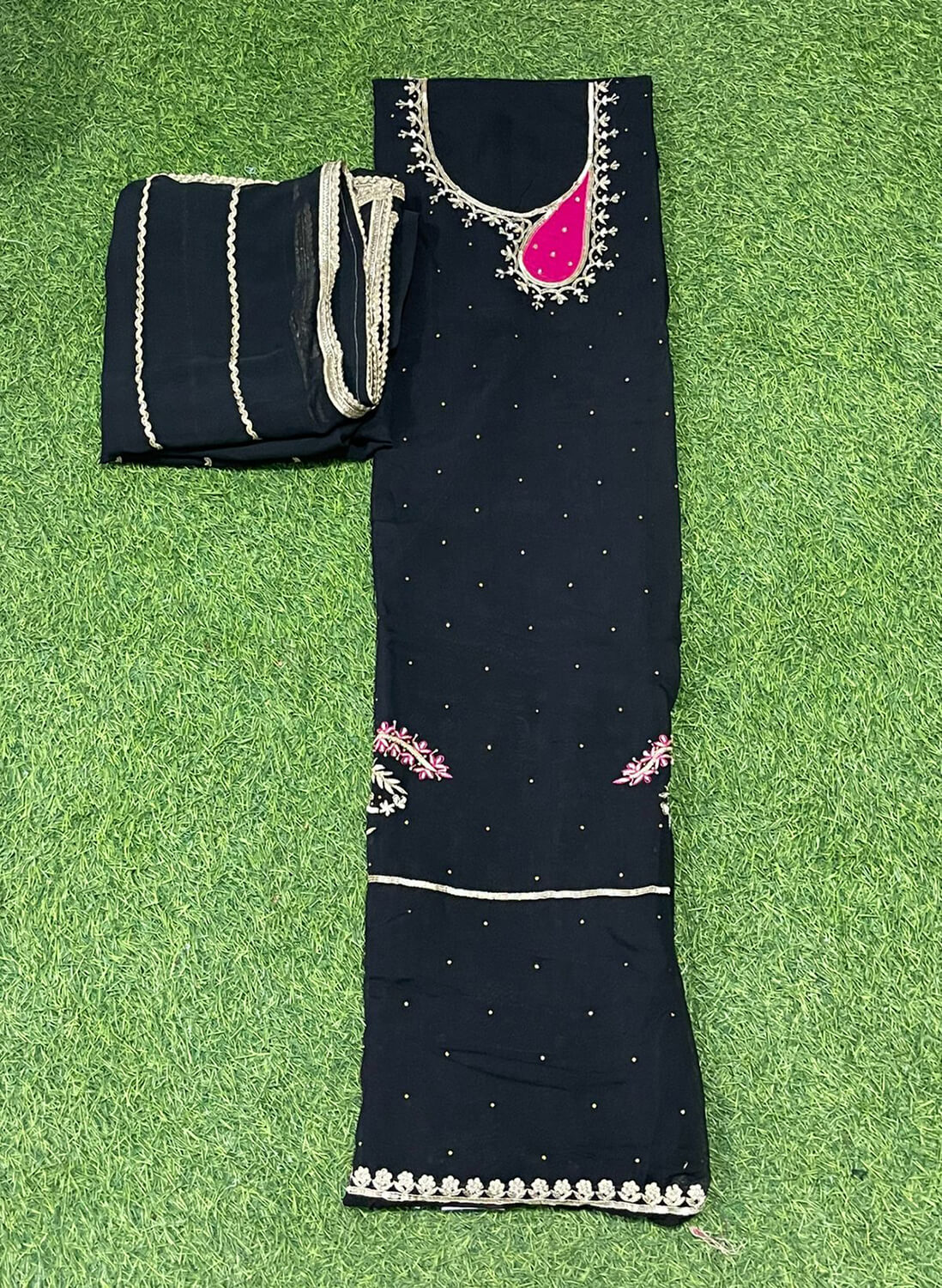 FS252 | Black Organza Suit | Party Wear | Wedding | Jaggo | Ring Ceremony |F9DAAA