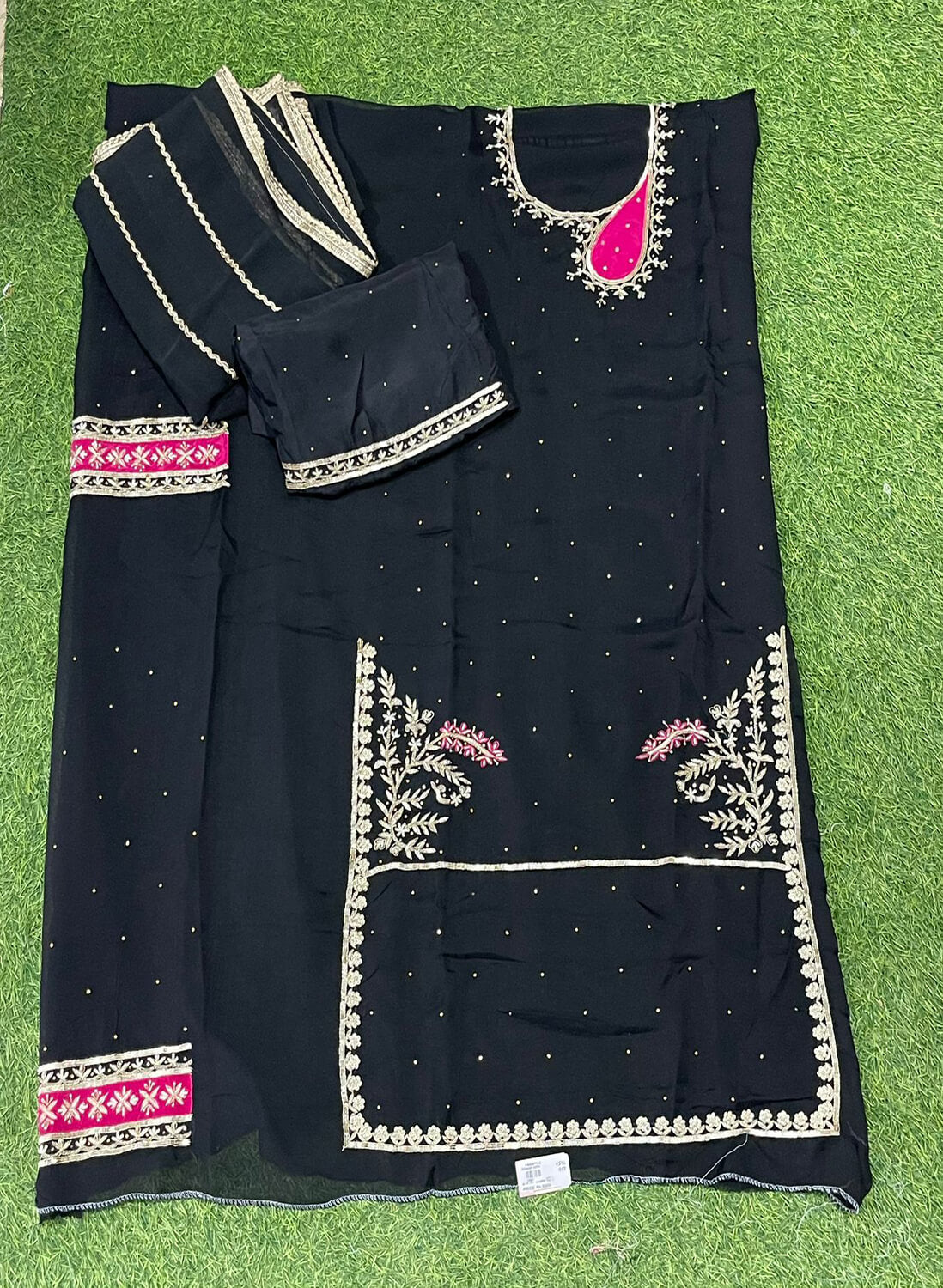 FS252 | Black Organza Suit | Party Wear | Wedding | Jaggo | Ring Ceremony |F9DAAA