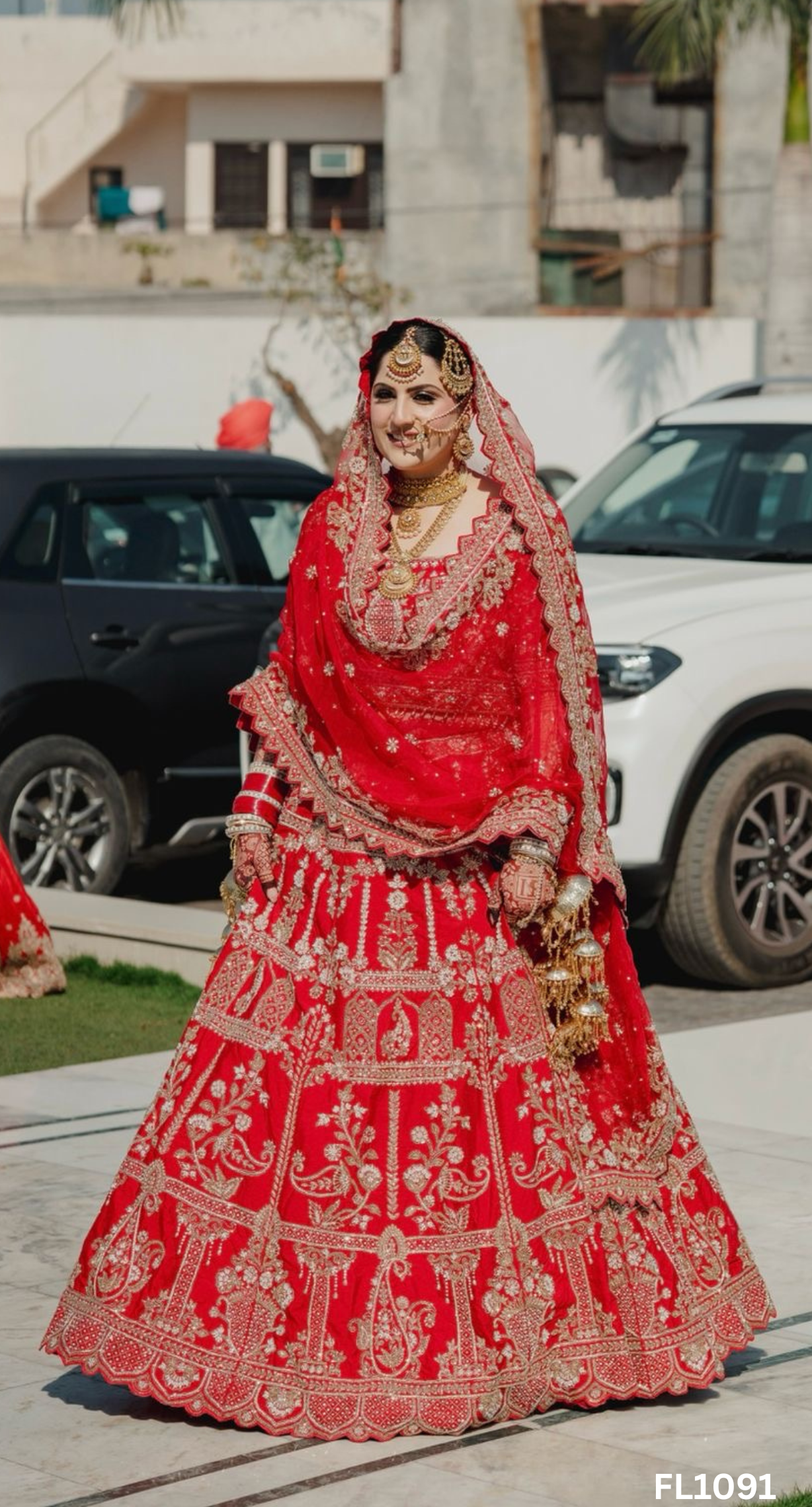 FL1091 | Red | Bridal Lehenga | Raw-Silk | Hand Embroidery | Wedding Day | Designer Bridal Lehenga