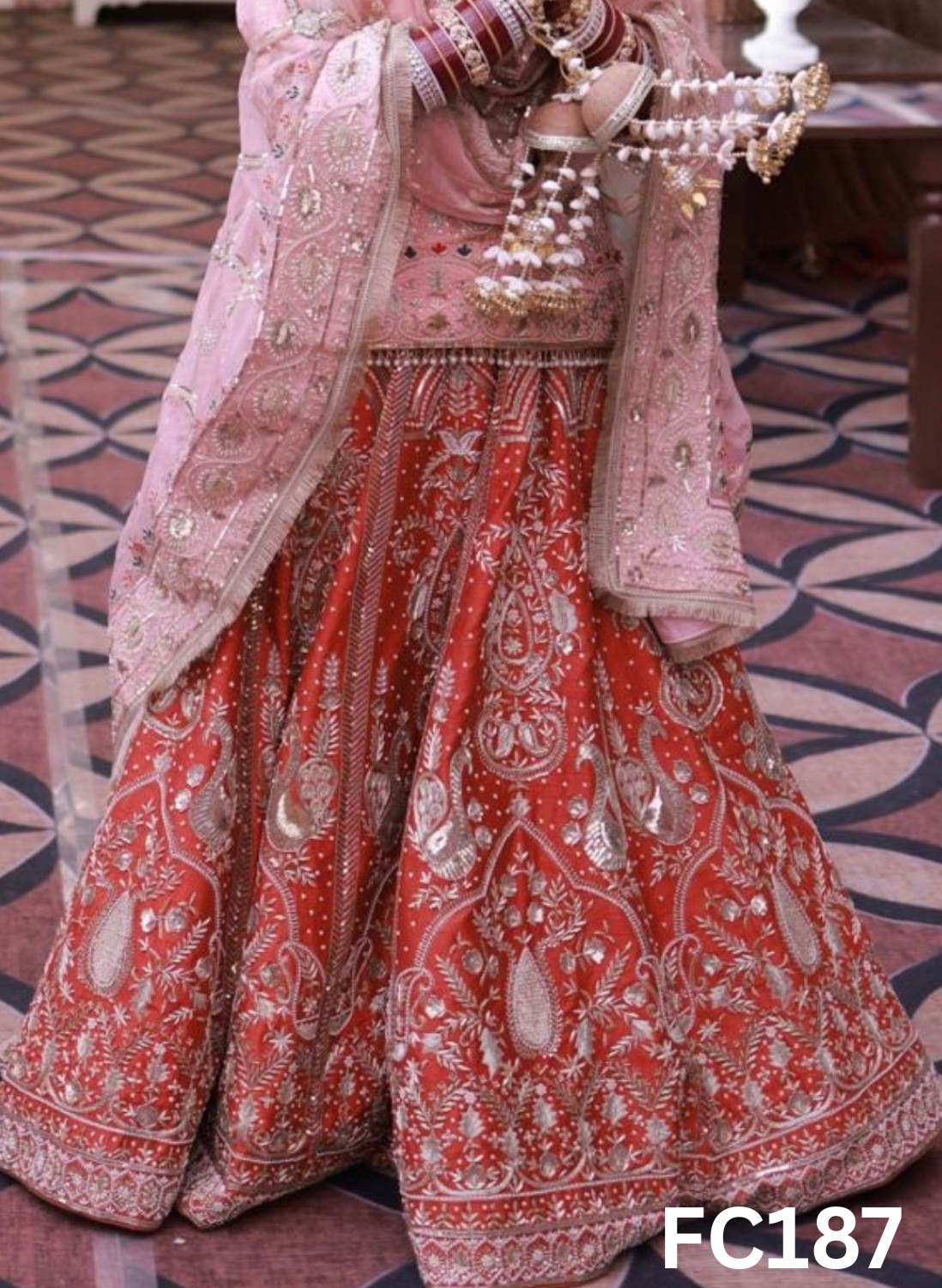 FC187 | Made To Order (35-45 Days ) | Silk Lehenga | Baby Pink And Red Contrast | Bridal Lehenga | Party Wear | Wedding | Festival | Celebrity | Ring Ceremony