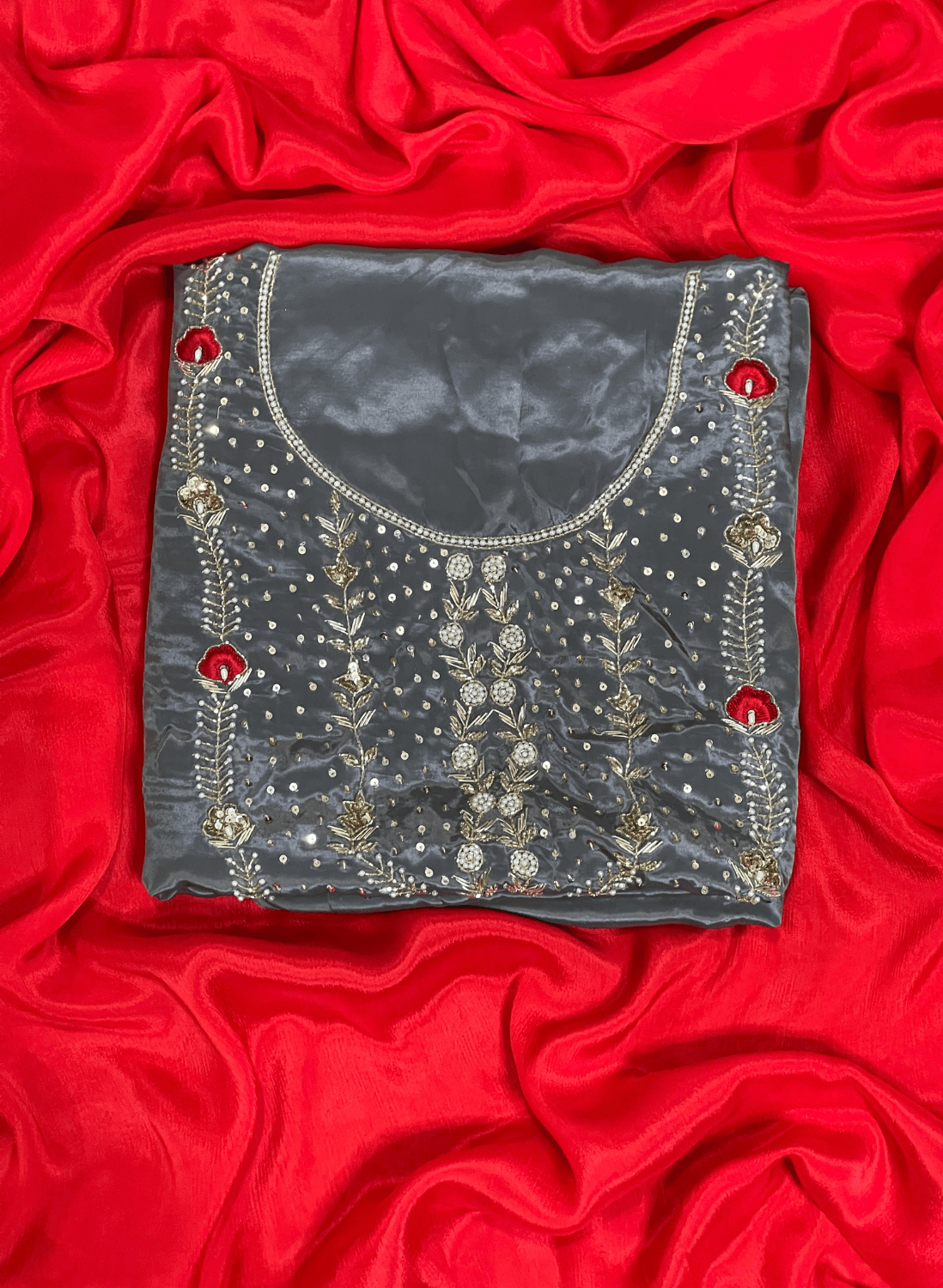 FS243 | Gray | Crepe| Crepe Suit | Wedding | Party Wear | Ring Ceremony | Festival Suit | Allover suit| F9FFAA