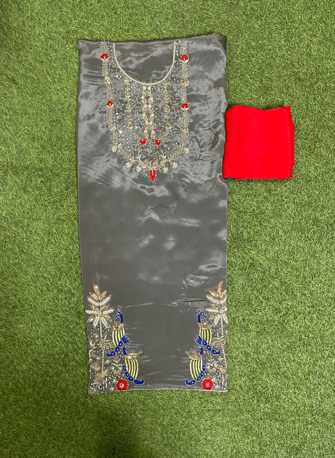 FS243 | Gray | Crepe| Crepe Suit | Wedding | Party Wear | Ring Ceremony | Festival Suit | Allover suit| F9FFAA