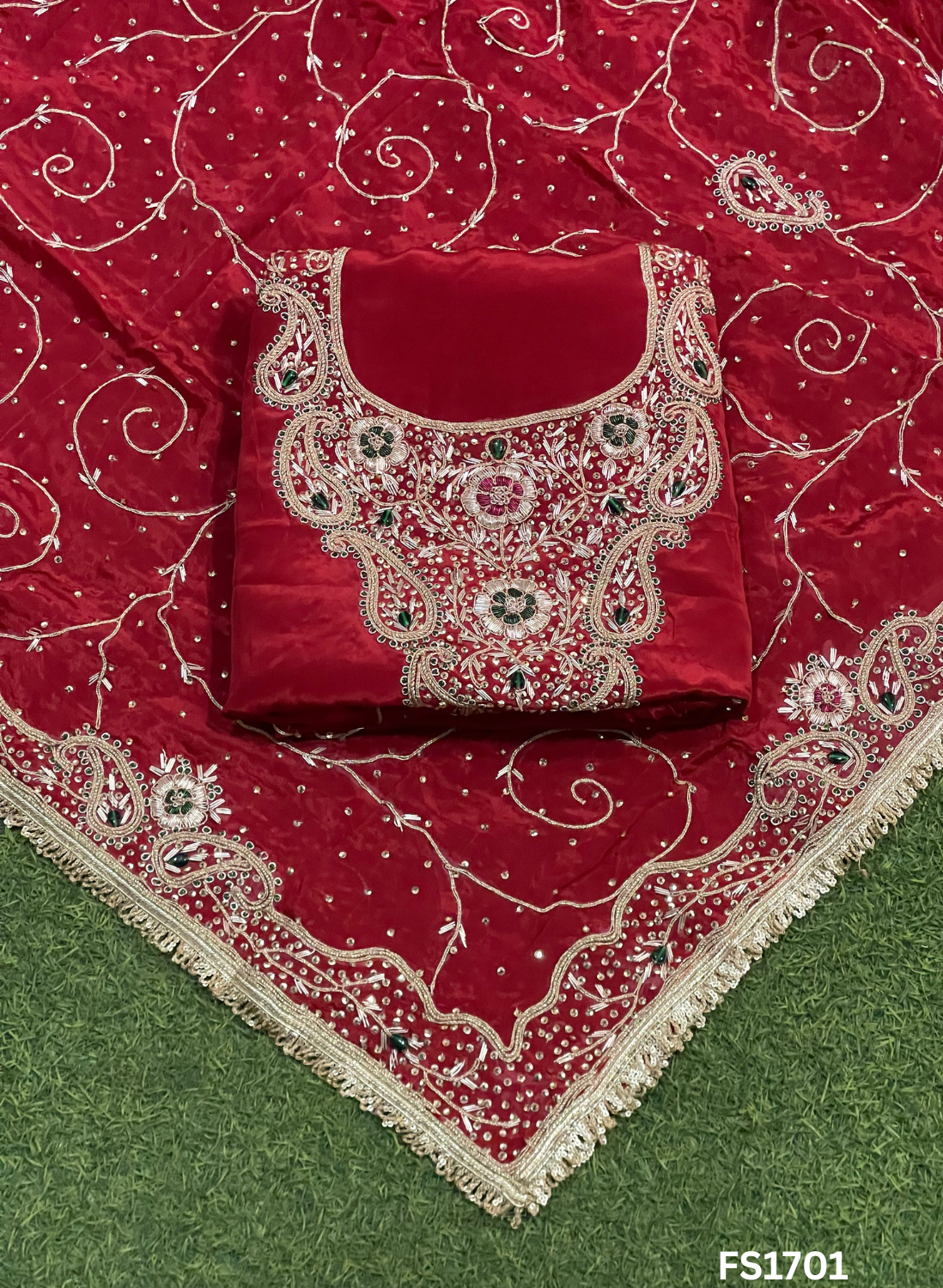 FS1701 | Red | Crepe Suit | Hand-Work | Party Wear | Wedding | Ring Ceremony | Festival | Bridal Suit