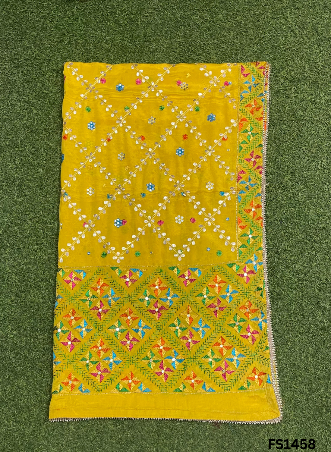 FS1458 | Yellow | Luxurious| Embroidered | Phulkari | 2.5 Meter of Elegance