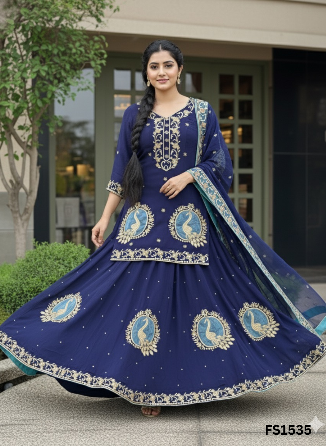 FS1535 | Nevy blue | Crepe | Kurti-lehnga | Party Wear | Wedding | Jaggo | Festiva