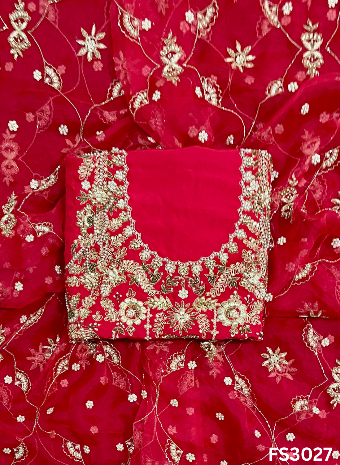 FS3027 | Handmade Bridal Suit | 100% Pure Silk | Pure Organza Dupatta | Tamato Red Colour | Party Wear