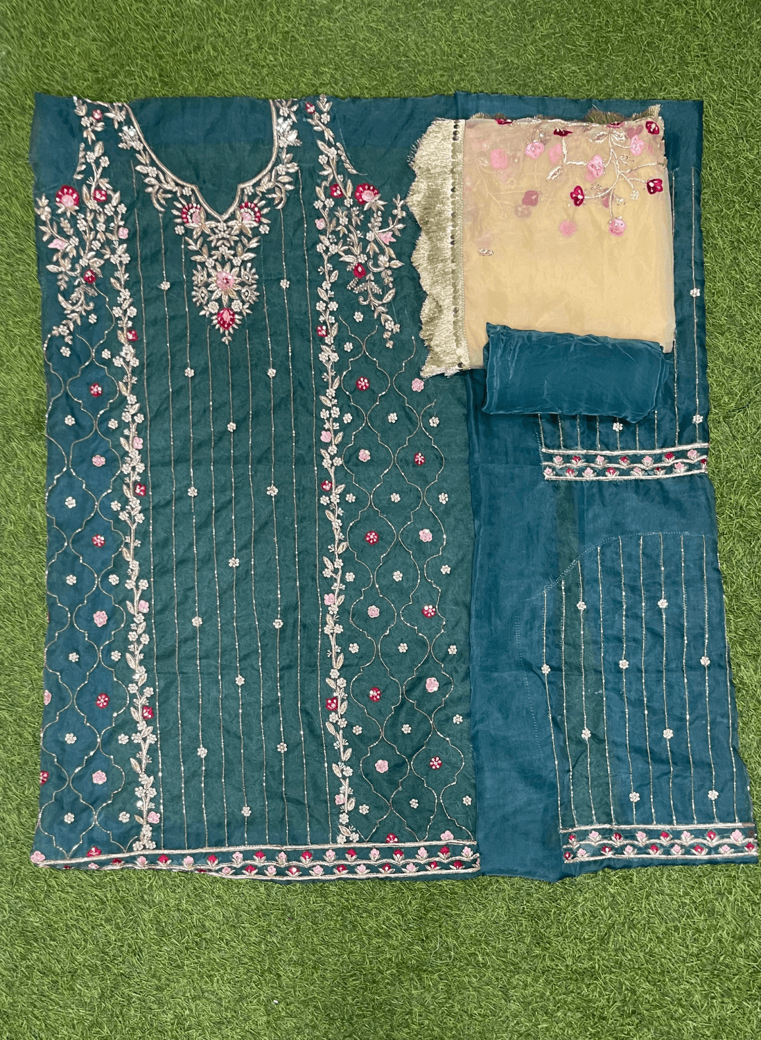 FS272 | Sage Green | Organza Suit| Party Wear | Wedding | Jaggo | Ring Ceremony | Festival | F9BAAAA