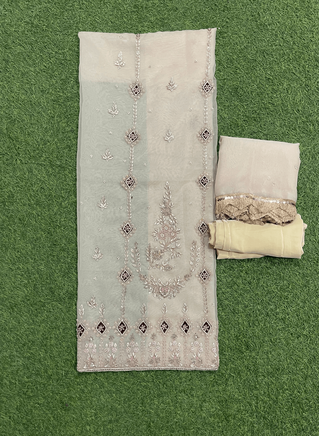 FS242 | Cream | Organza Suit| Party Wear | Wedding | Jaggo | Ring Ceremony | Festival | F9FFAA