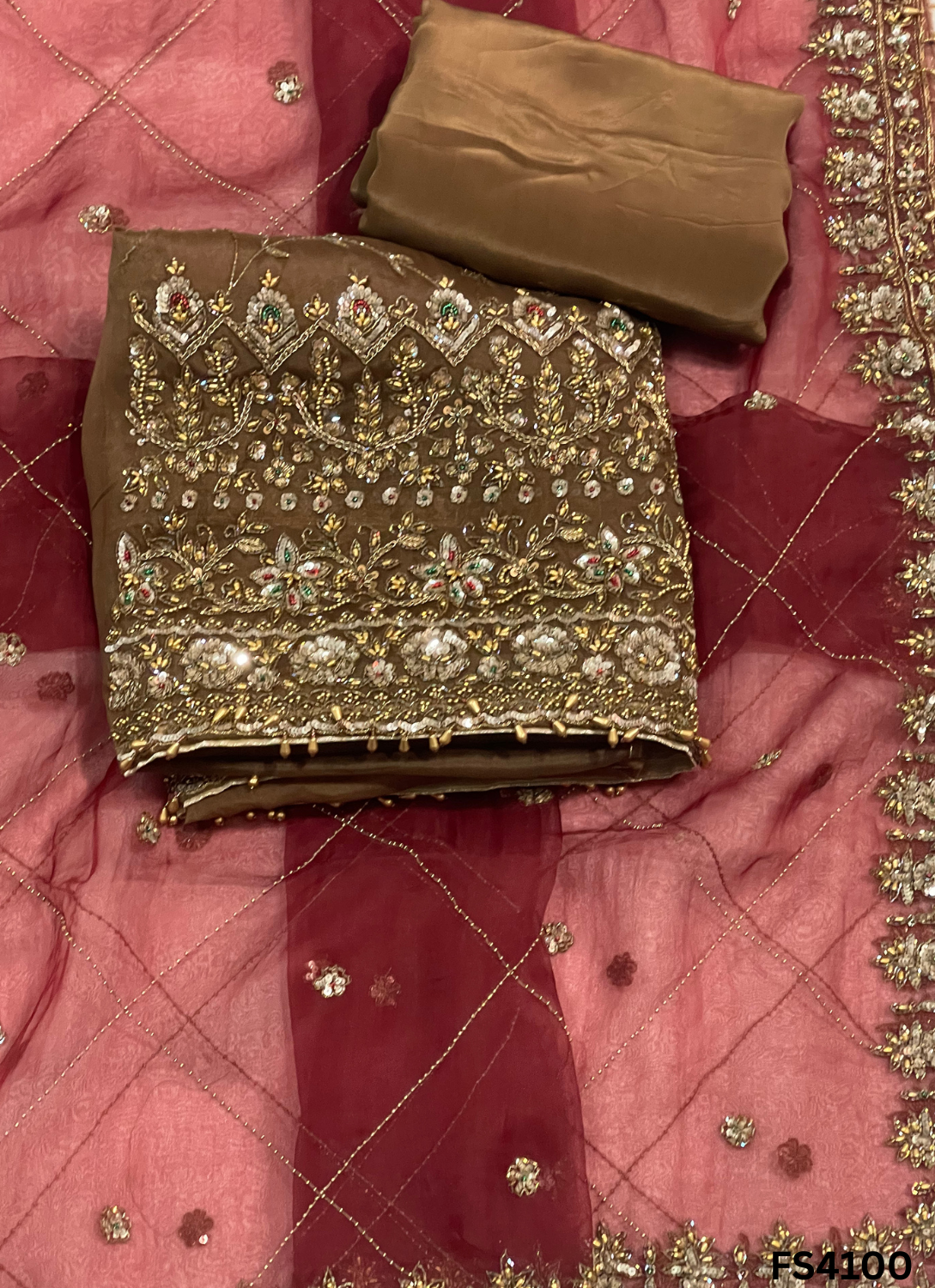 FS4100 | Handmade Wedding Suit | 100% Pure Organza | Pure Organza Dupatta | Party Wear | Wedding Suit | Contrast Suit |