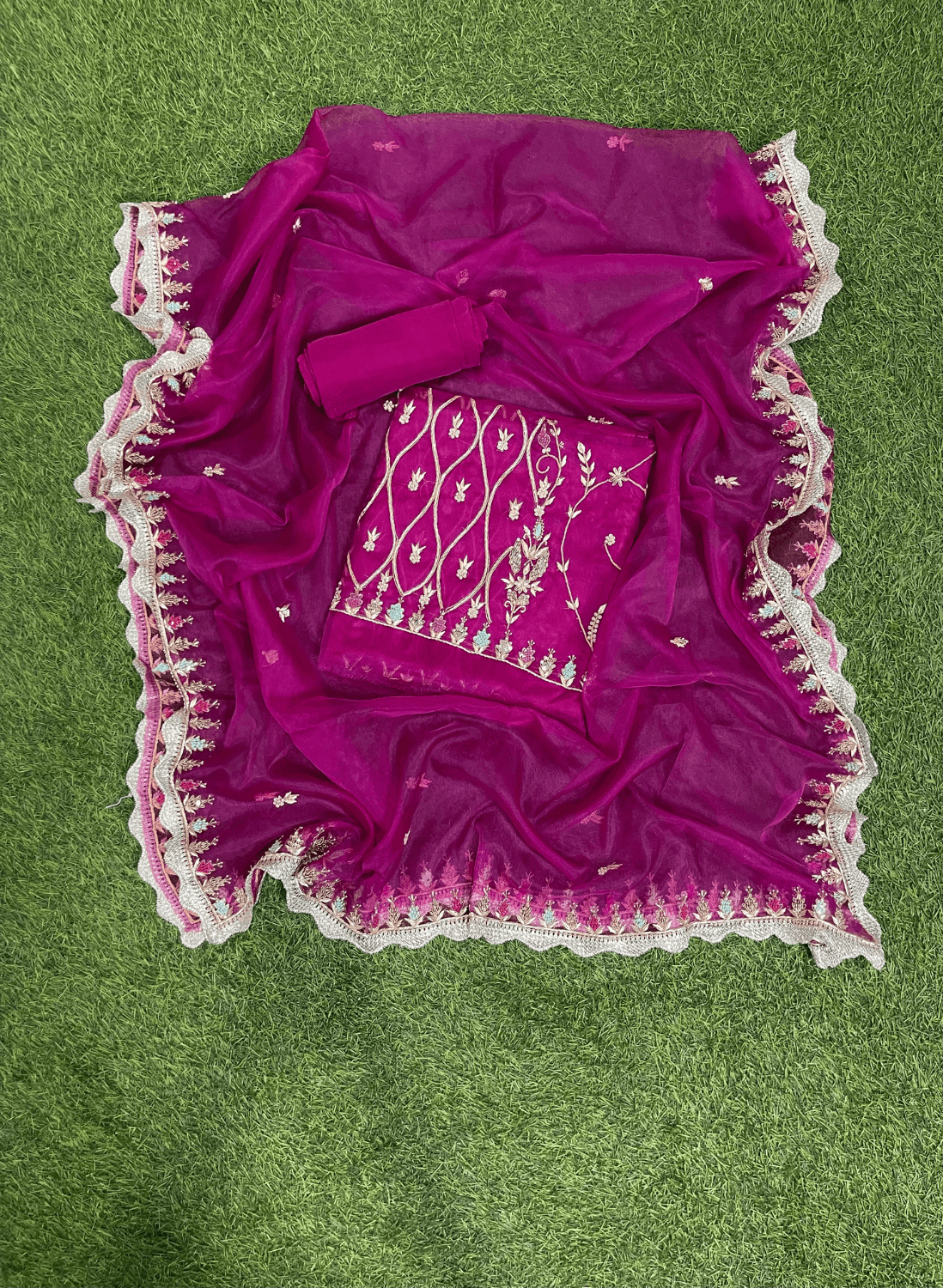 FS137 | Hot-Pink | Organza Suit| Party Wear | Wedding | Jaggo | Ring Ceremony | Festival | Handwork suit | F9JAAA