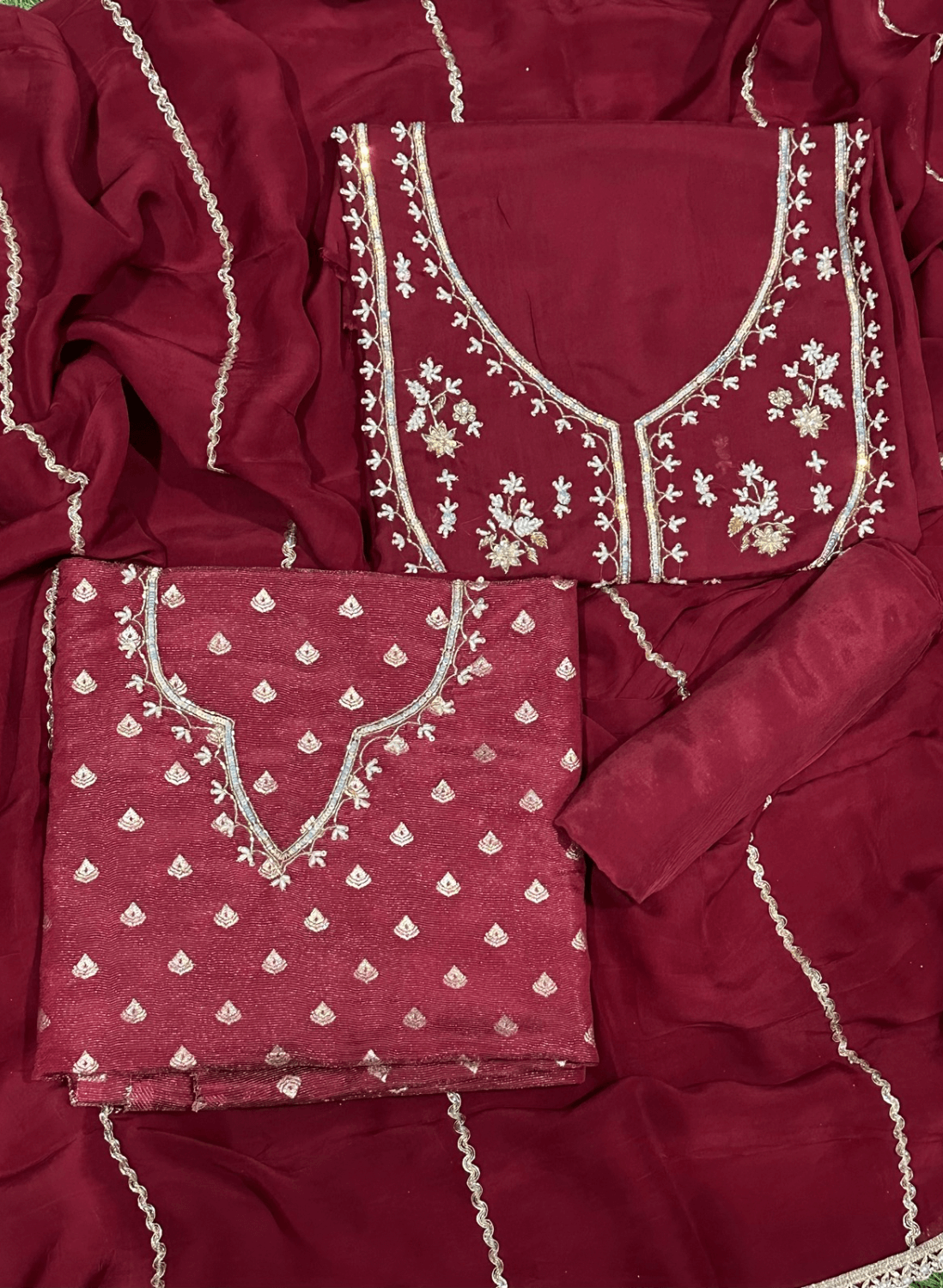 FS819 | Mehroon jacket style Shimmer Organza Suit | Party Wear | Wedding | Jaggo | Ring Ceremony | Festival | F9EFAA