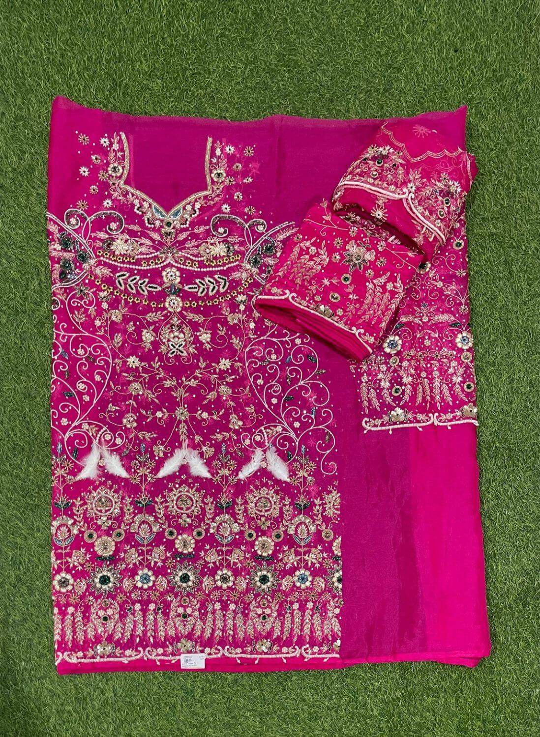 FS666 | Hot pink Pure Organza Suit | Party Wear | Wedding | Jaggo | Ring Ceremony | Festival| Bridal |