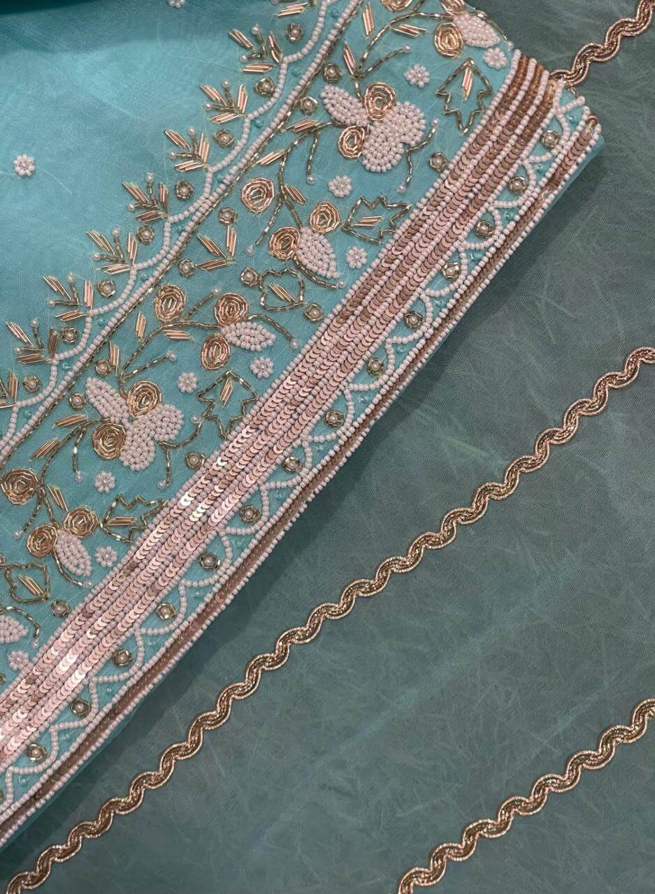 Sky blue Organza Suit | Party Wear | Wedding | Jaggo | Ring Ceremony | Festival |