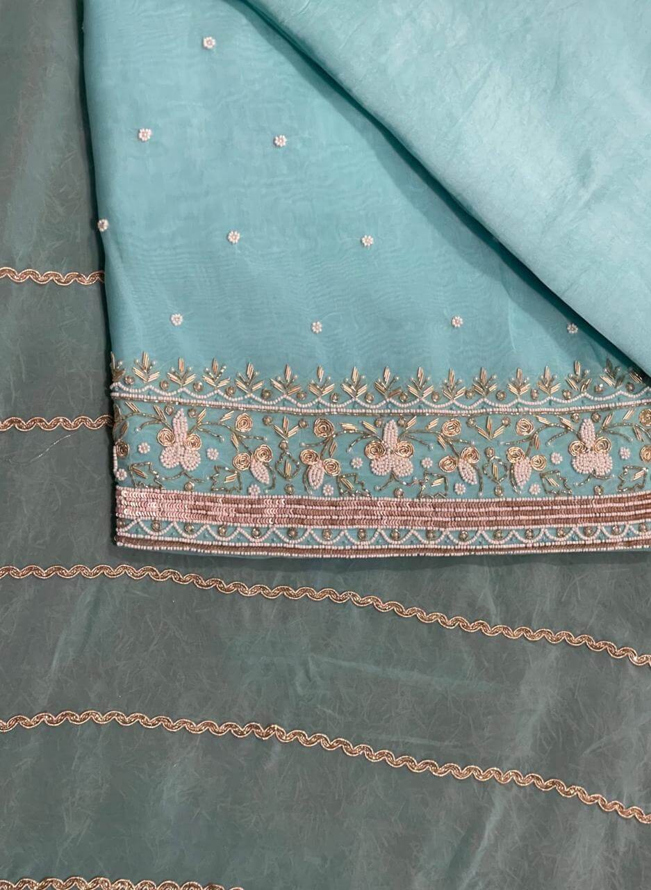 Sky blue Organza Suit | Party Wear | Wedding | Jaggo | Ring Ceremony | Festival |