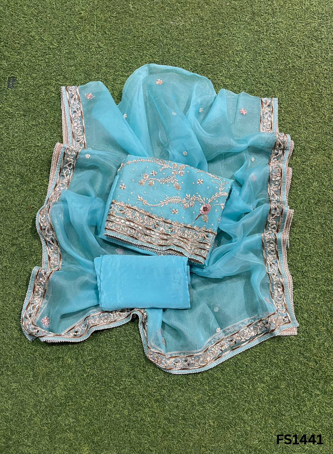 FS1441 | Light Sky-Blue | Organza | Suit | Wedding | Party Wear | Ring Ceremony | Festival Suit | Allover suit