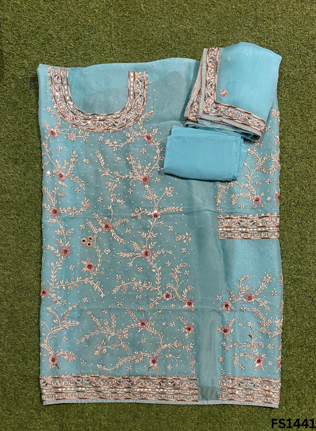 FS1441 | Light Sky-Blue | Organza | Suit | Wedding | Party Wear | Ring Ceremony | Festival Suit | Allover suit
