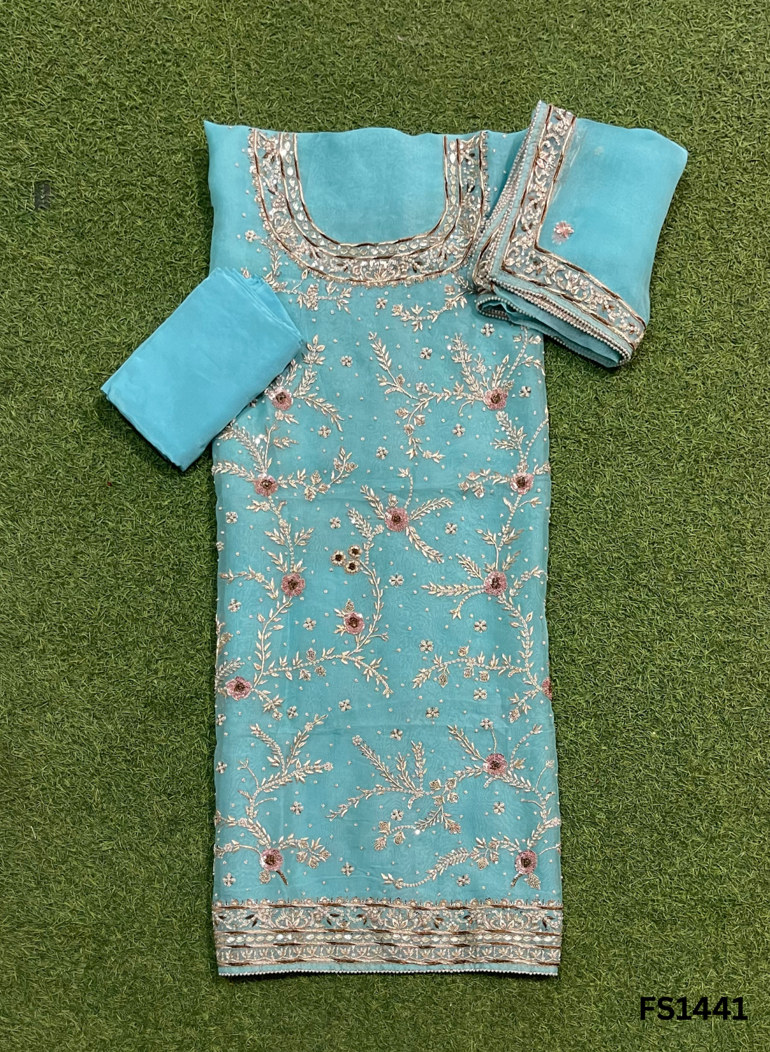 FS1441 | Light Sky-Blue | Organza | Suit | Wedding | Party Wear | Ring Ceremony | Festival Suit | Allover suit