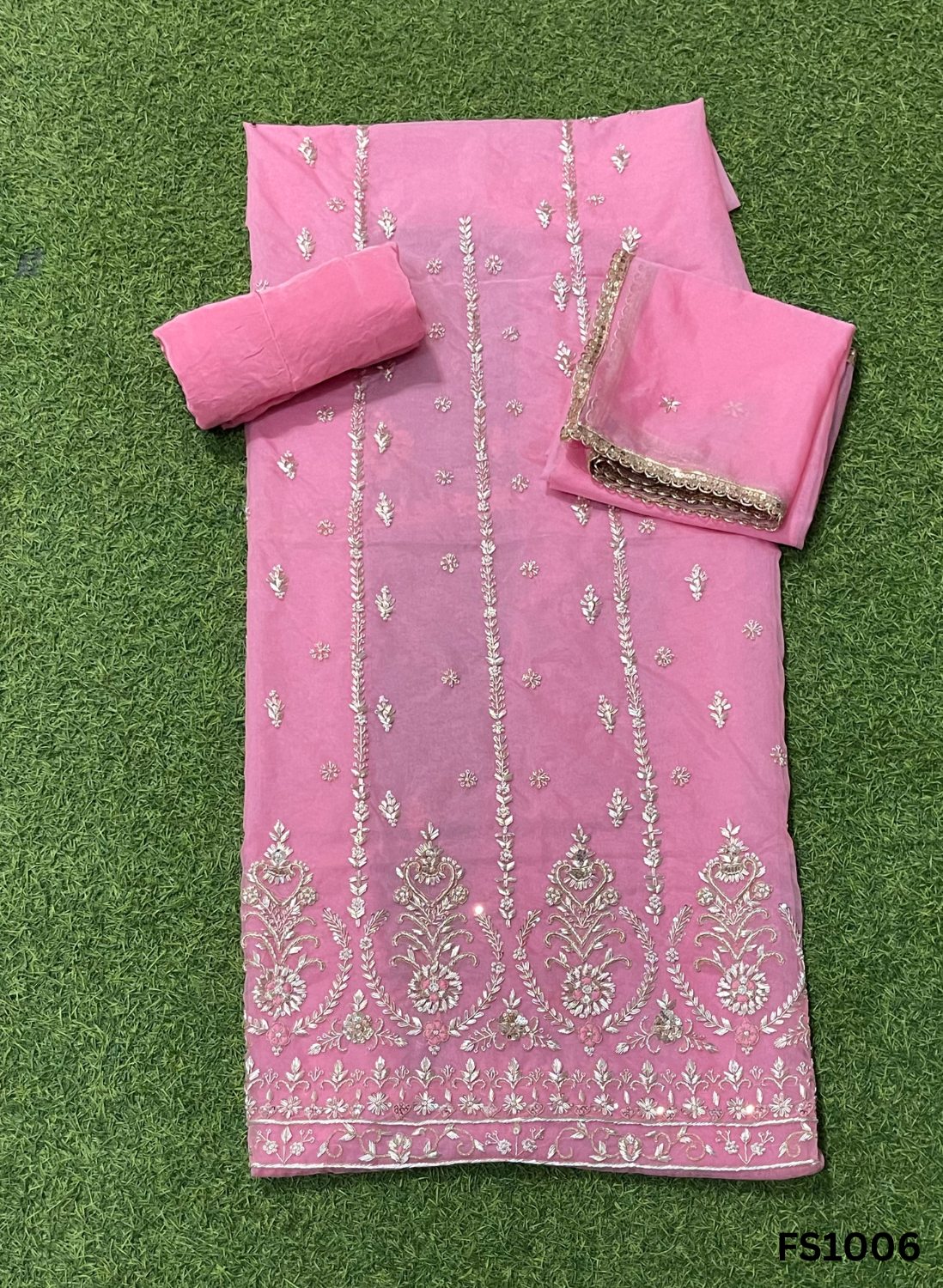 FS1006 | Baby-Pink | Organza Suit | Party Wear | Wedding | Jaggo | Ring Ceremony | Festival