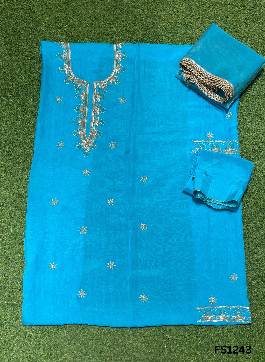 FS1243 | Firozi | Organza Suit | Party Wear | Wedding | Jaggo | Ring Ceremony | Festival |