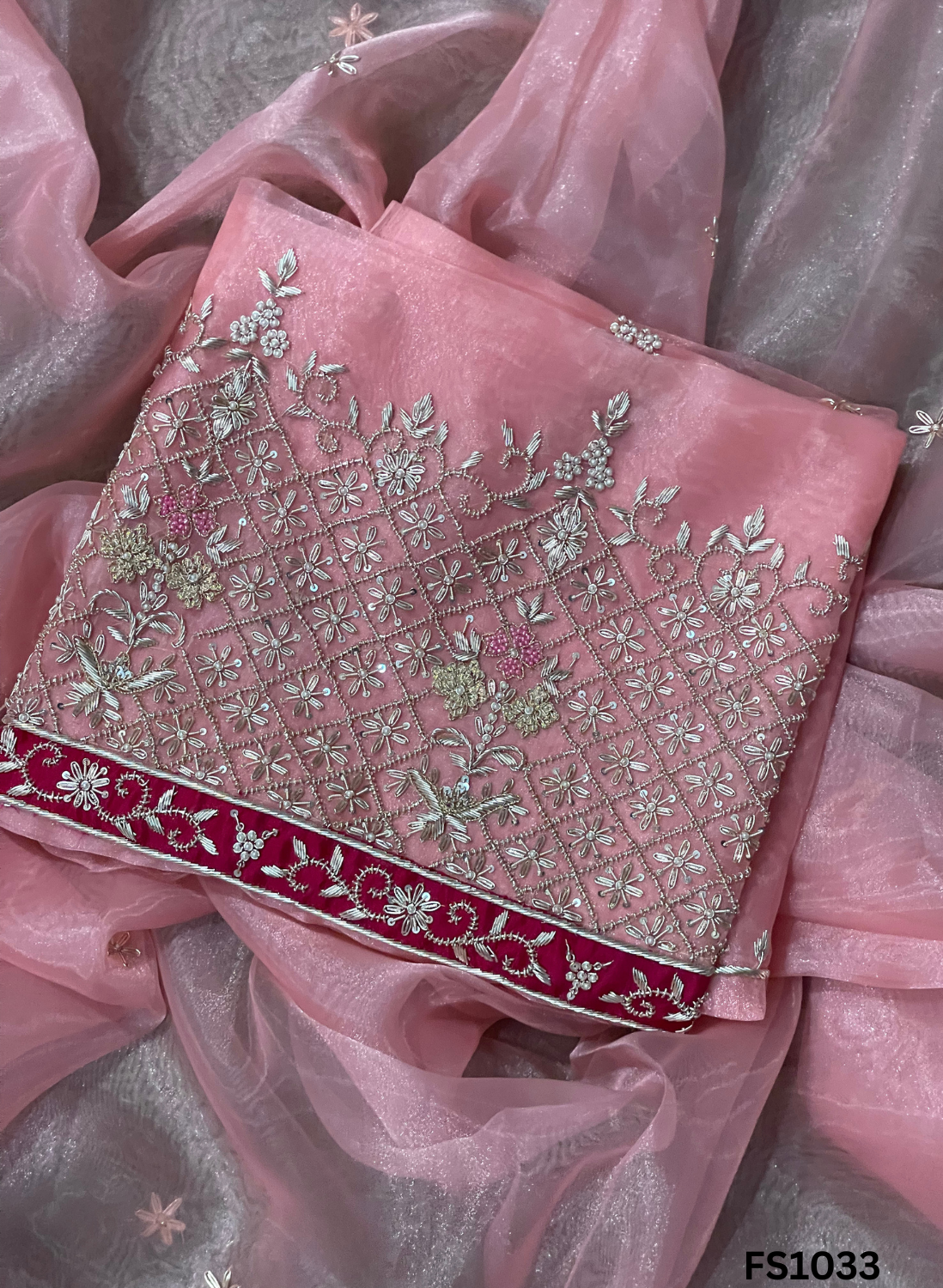 FS1033 |Peach |Organza Suit | Party Wear | Wedding | Jaggo | Ring Ceremony | Festival