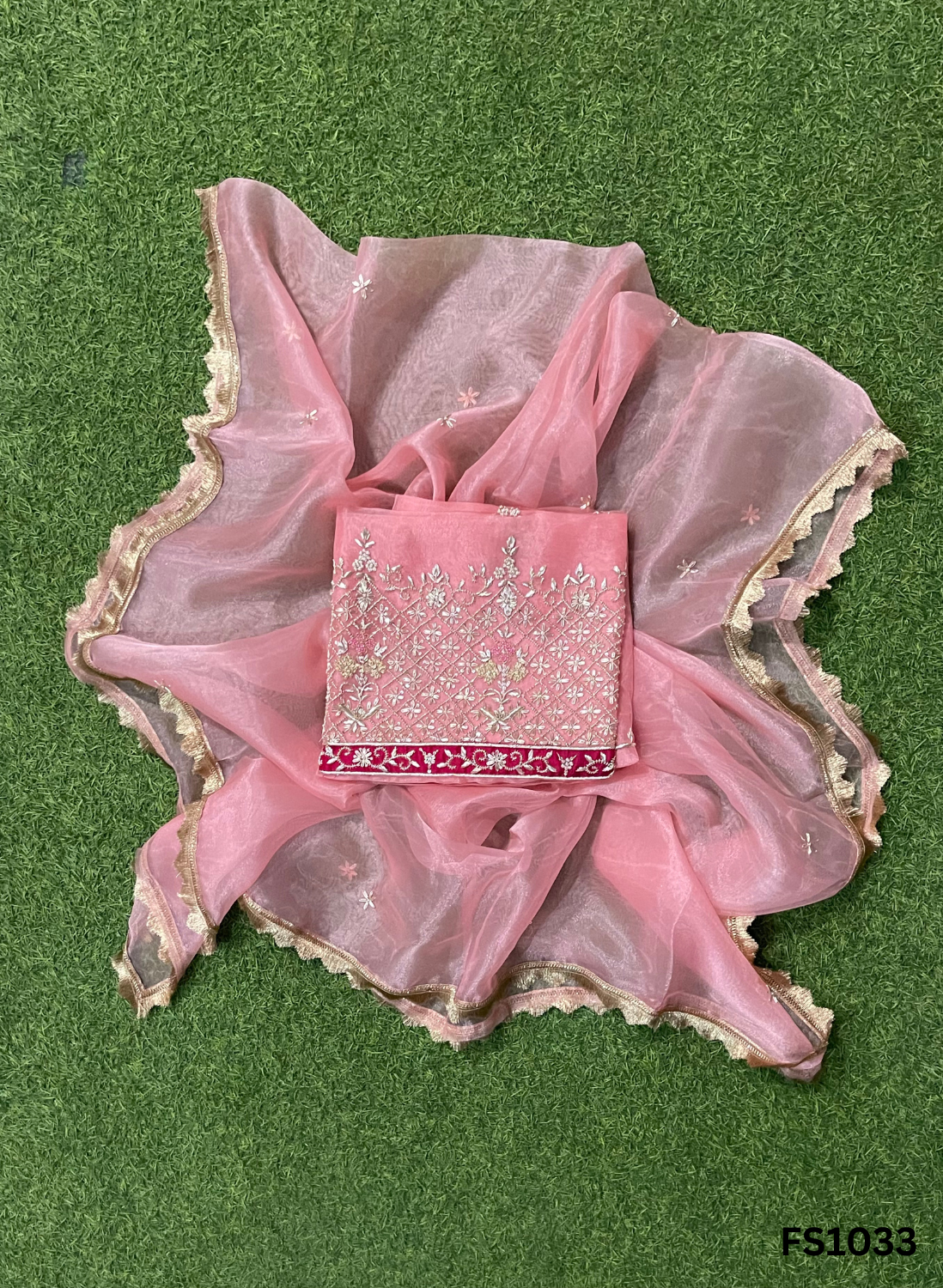 FS1033 |Peach |Organza Suit | Party Wear | Wedding | Jaggo | Ring Ceremony | Festival