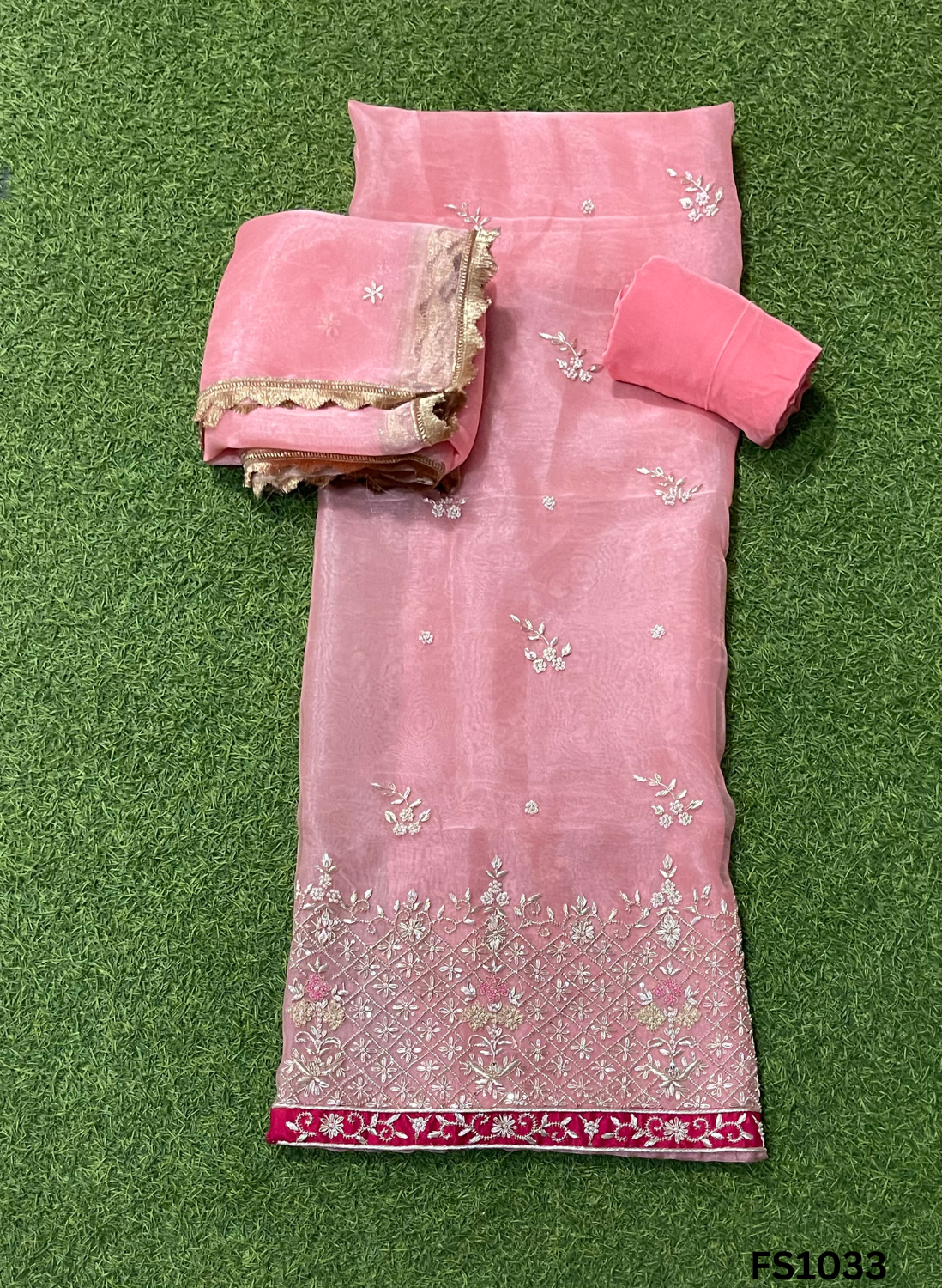 FS1033 |Peach |Organza Suit | Party Wear | Wedding | Jaggo | Ring Ceremony | Festival