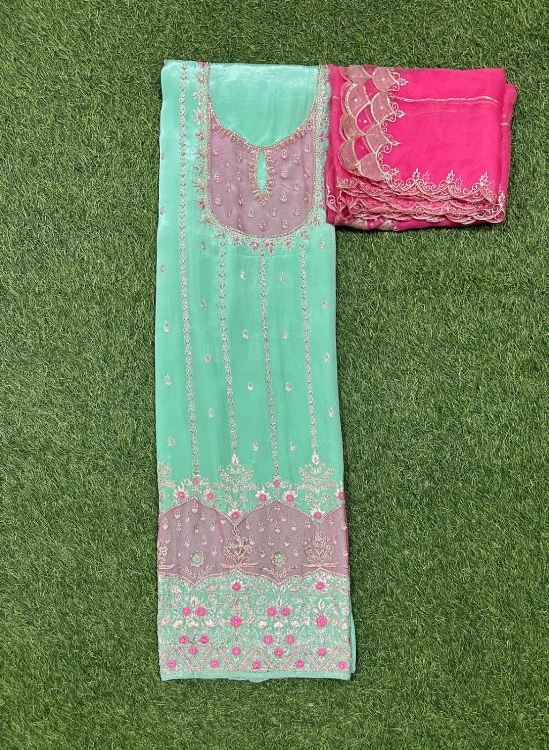 Pista and pink Pure Crepe Suit | Bridal Suit | Party Wear | Wedding | Festival | Celebrity | Ring Ceremony |