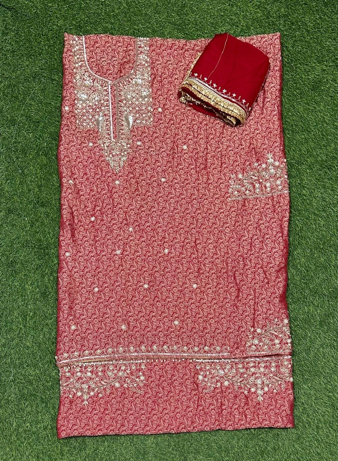 | Red colour Banarsi Silk Suit | Party Wear | Wedding | Ring Ceremony | Festival | Bridal | F9FFAA