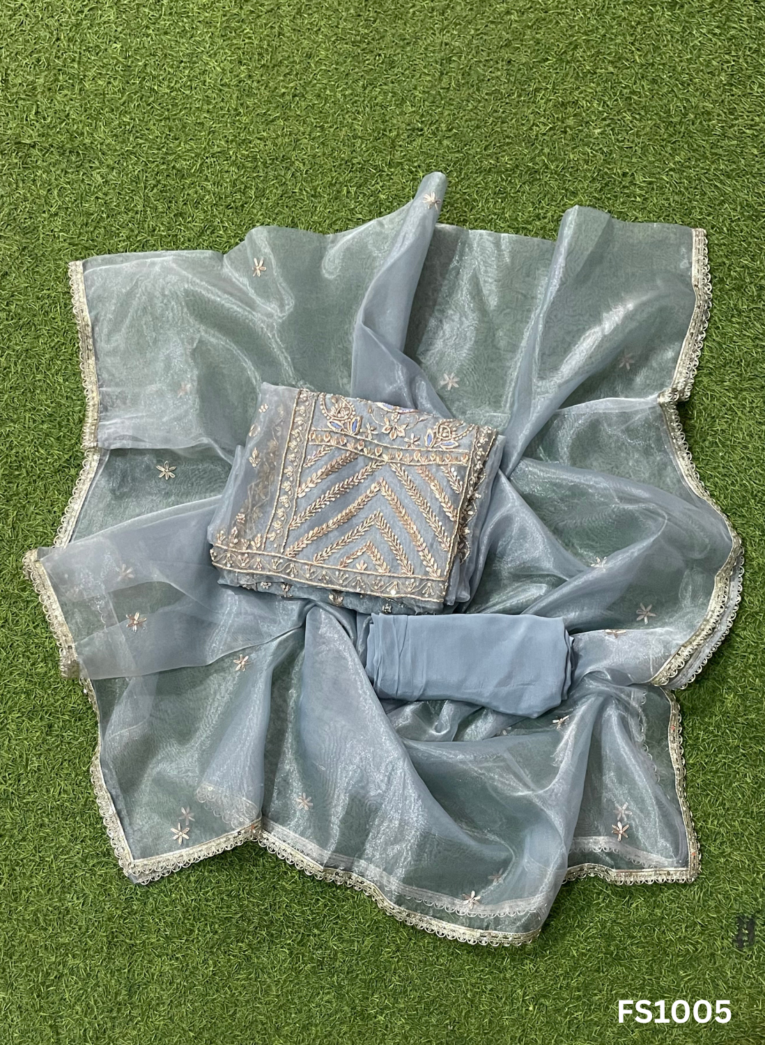 FS1005 | Powder Blue | Shimmer Organza Suit | Party Wear | Wedding | Jaggo | Ring Ceremony | Festival |