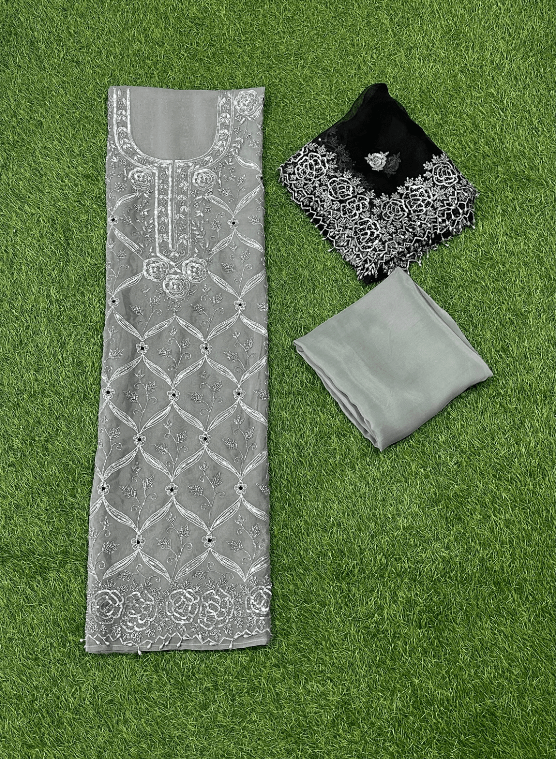 FS124 | Black and gray Pure Organza Suit | Party Wear | Wedding | Ring Ceremony | Festival | F9BDAAABridal |