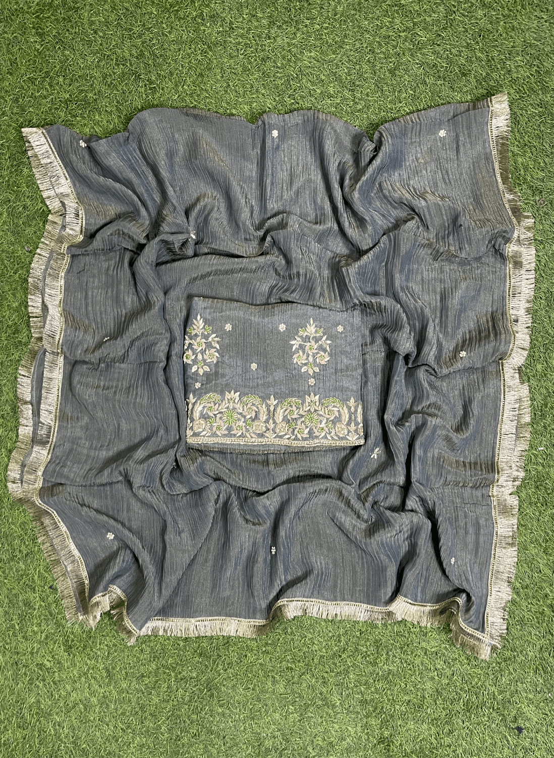 FS248 | Gray | Crush Shimmer Suit | Party Wear | Wedding | Jaggo | Ring Ceremony | Festival | F9FFAA