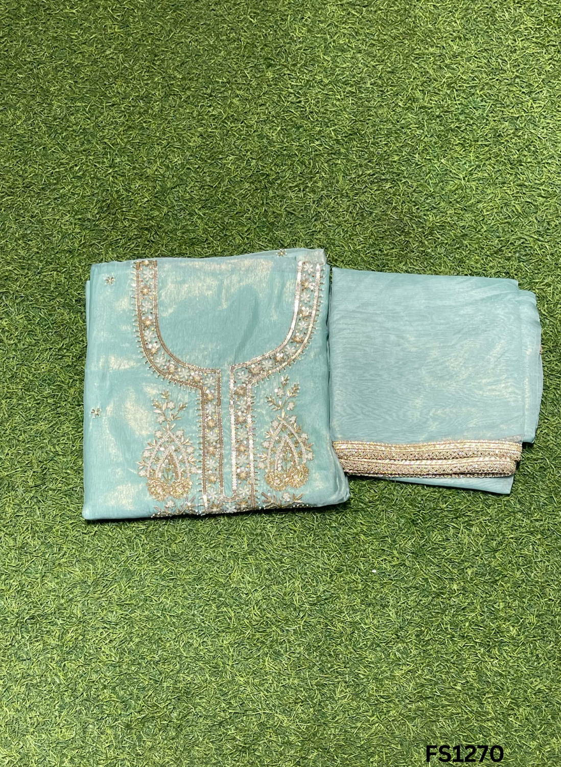 FS1270 | Sky-Blue | Crush Shimmer Suit | Party Wear | Wedding | Jaggo | Ring Ceremony | Festival