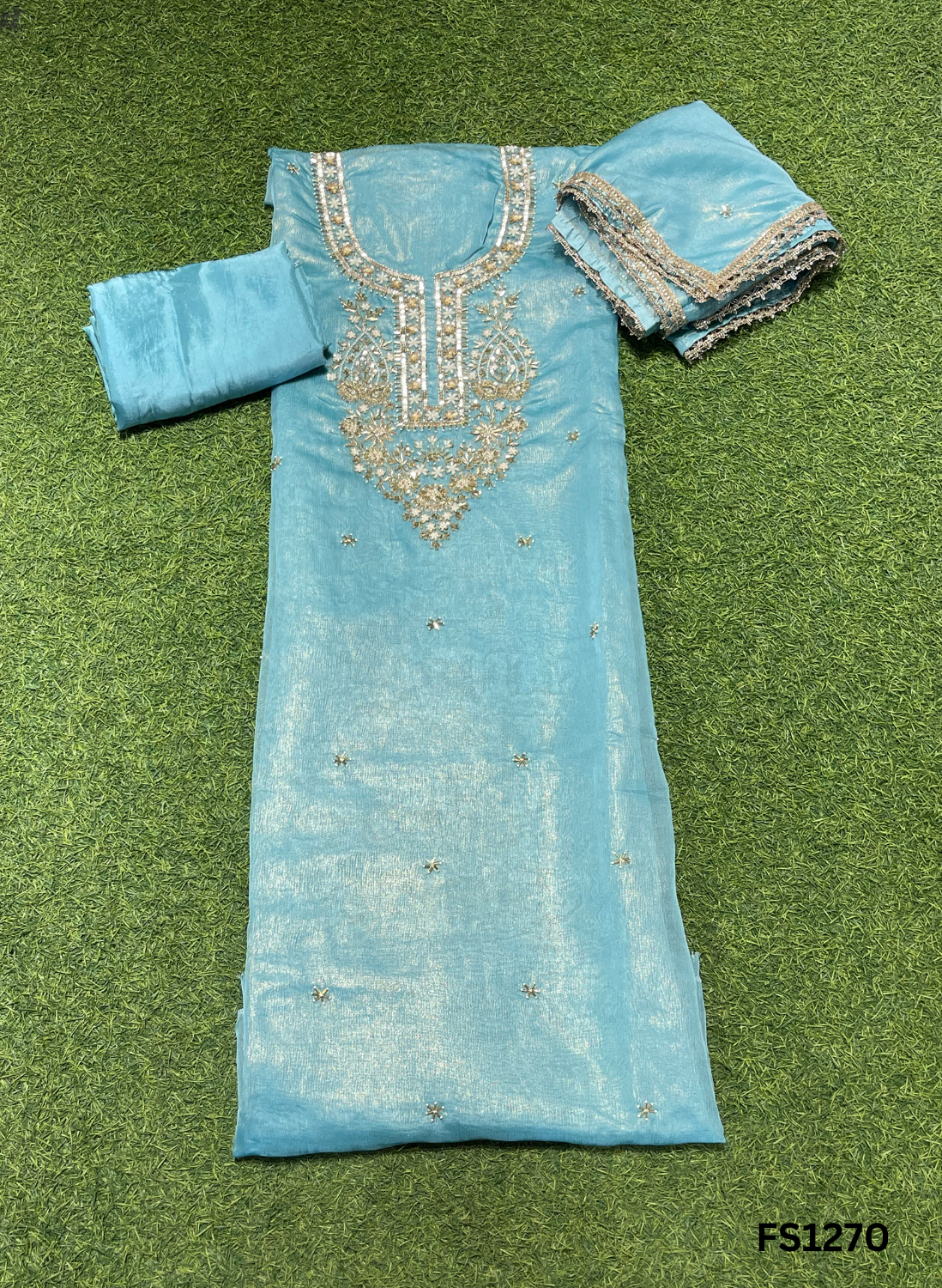 FS1270 | Sky-Blue | Crush Shimmer Suit | Party Wear | Wedding | Jaggo | Ring Ceremony | Festival