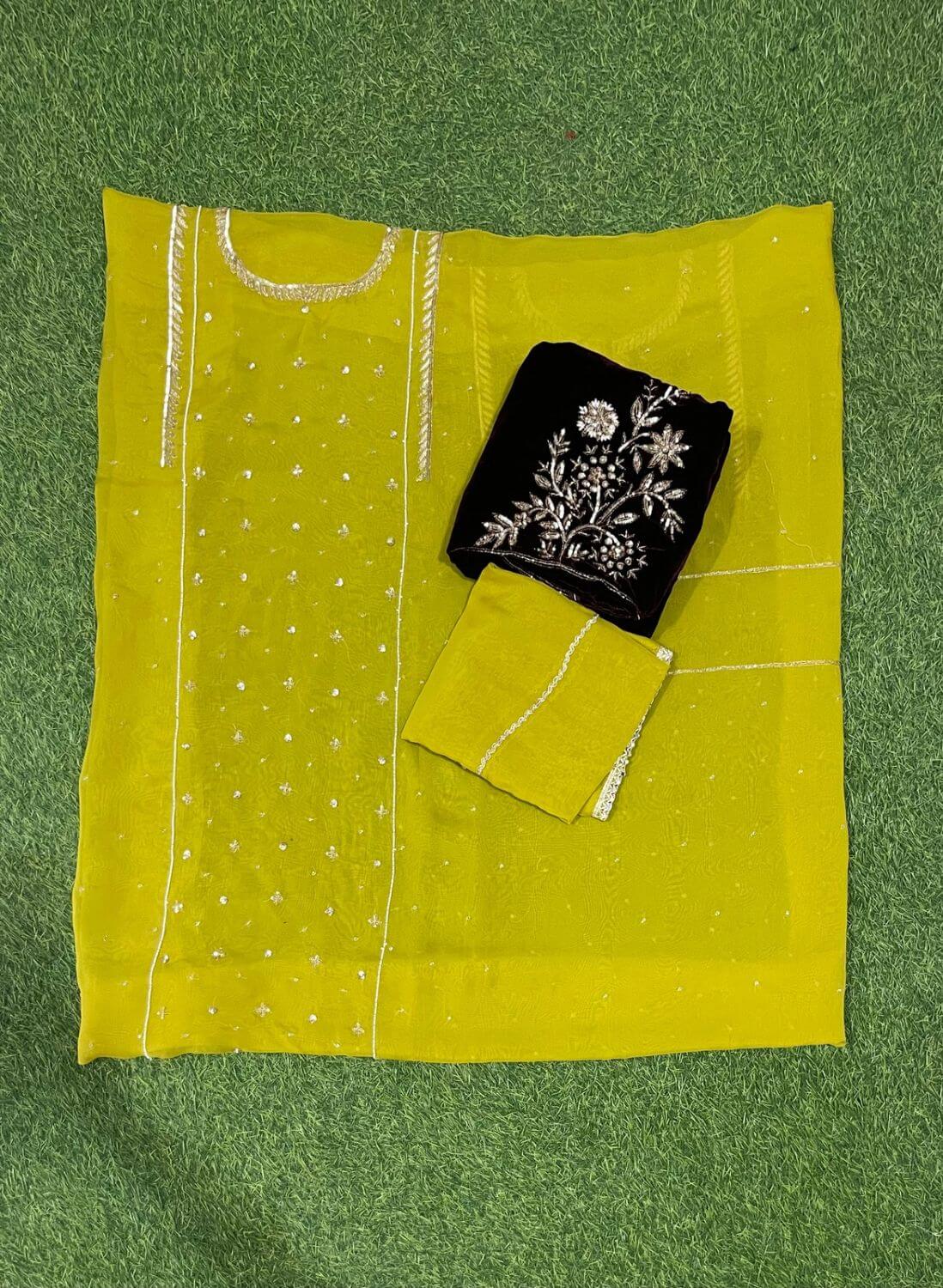 Organza green velvet Suit | Party Wear | Wedding | Jaggo | Ring Ceremony | Festival |