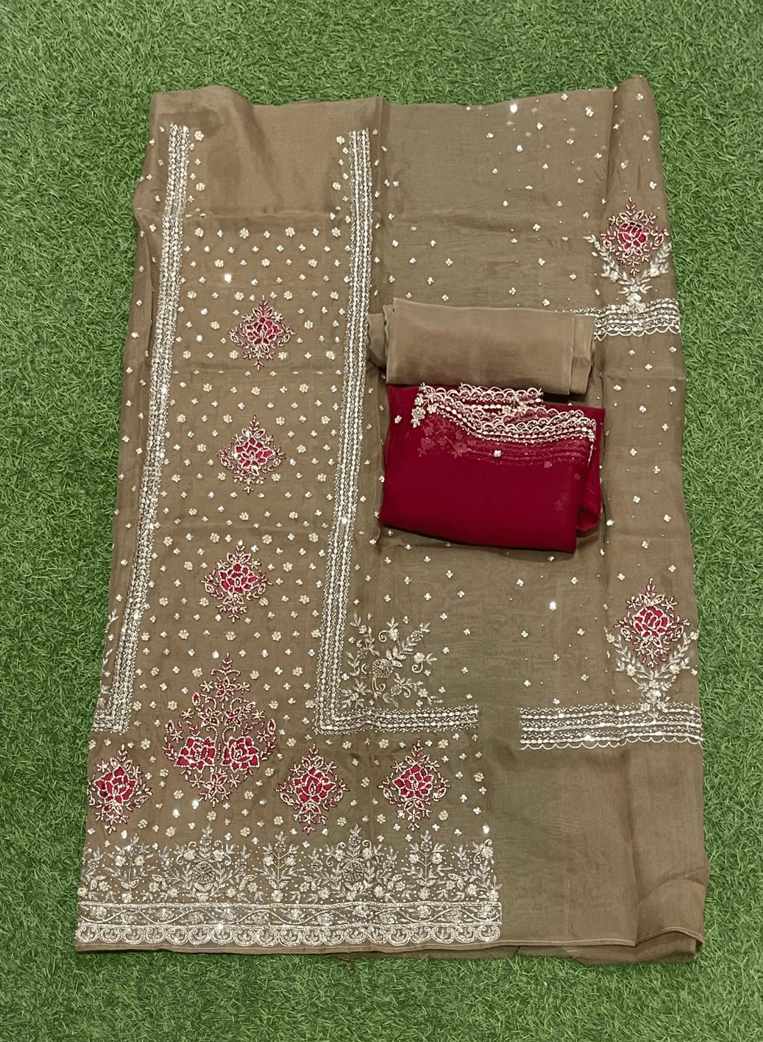 FS131 | Organza Mouse and red Suit | Party Wear | Wedding | Jaggo | Ring Ceremony | Festival | F9BCAAA