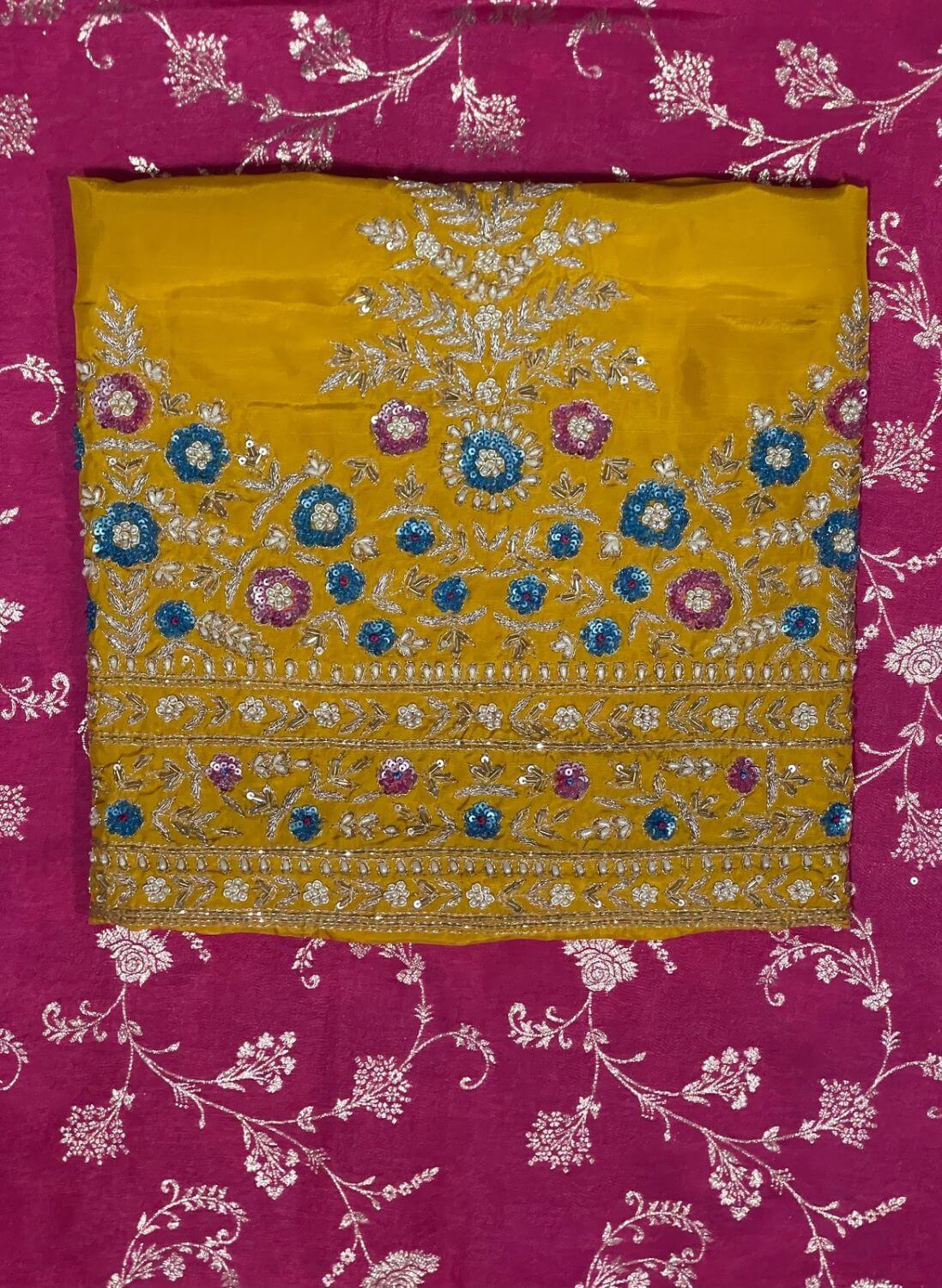 Mustred and Hot Pink| Raw Silk Suit | Party Wear | Wedding | Jaggo | Festival |