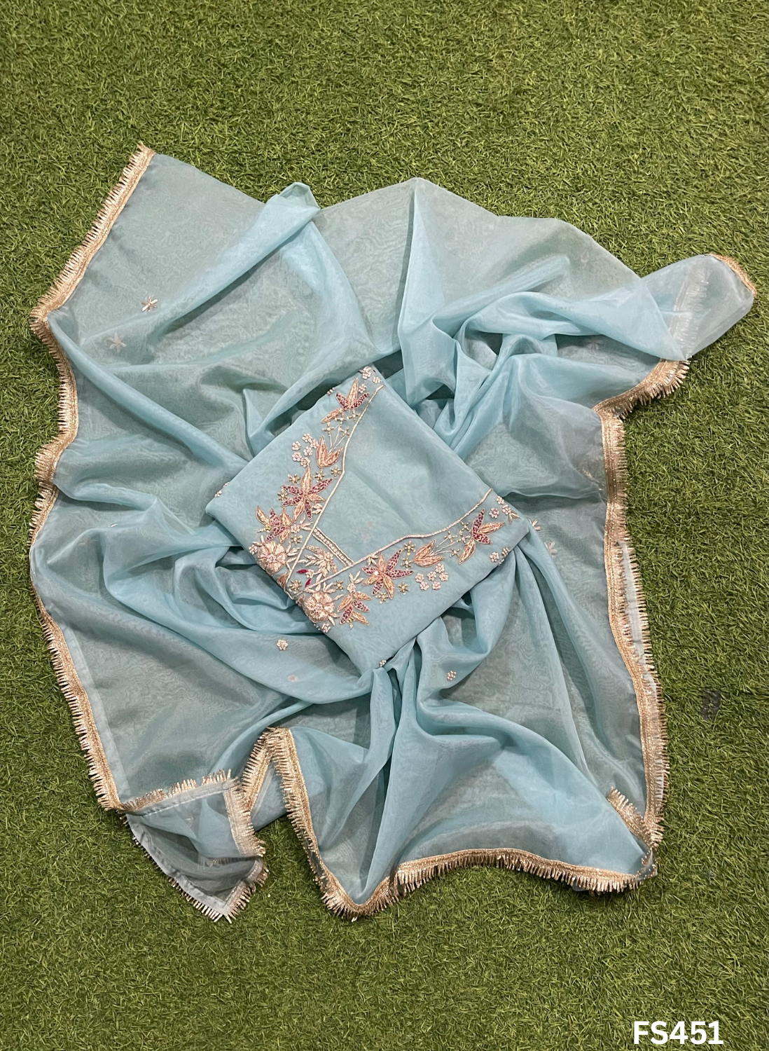FS451 | Organza Suit | Party Wear | Wedding | Jaggo | Ring Ceremony | Festival