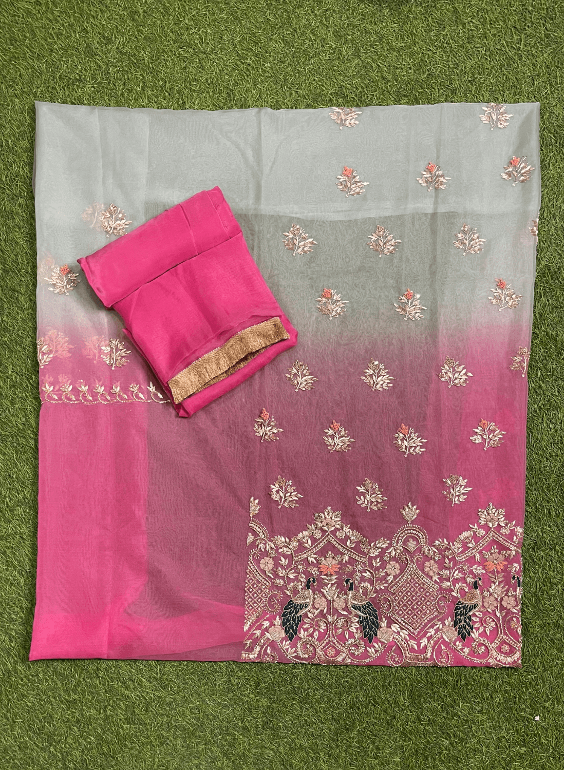 FS271 | Pink and Gray | Organza Suit| Party Wear | Wedding | Jaggo | Ring Ceremony | Festival | Handwork suit|
