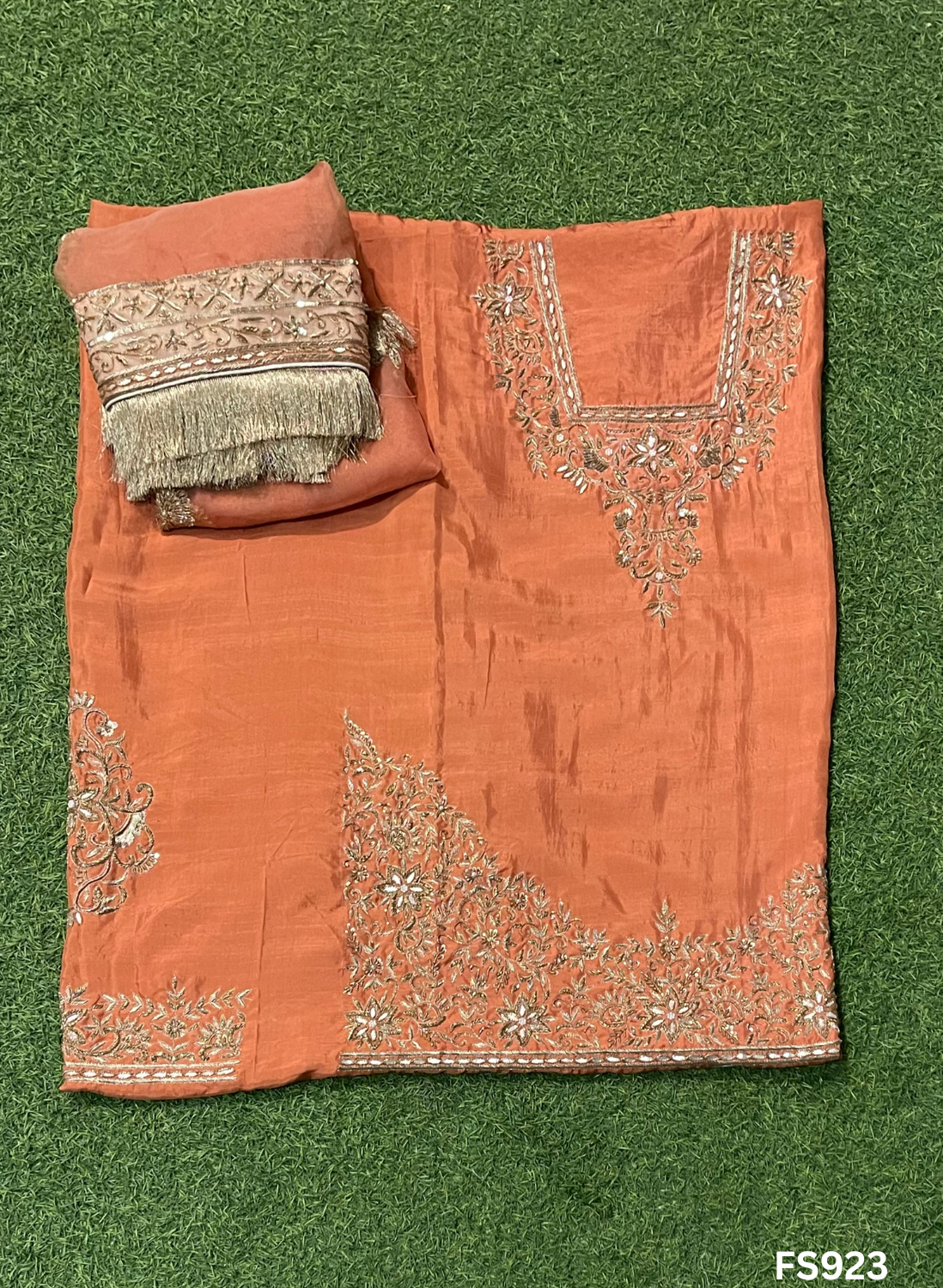 FS923 | Rust | Raw Silk | Kurti-Lehnga | Party Wear | Wedding | Jaggo | Festival